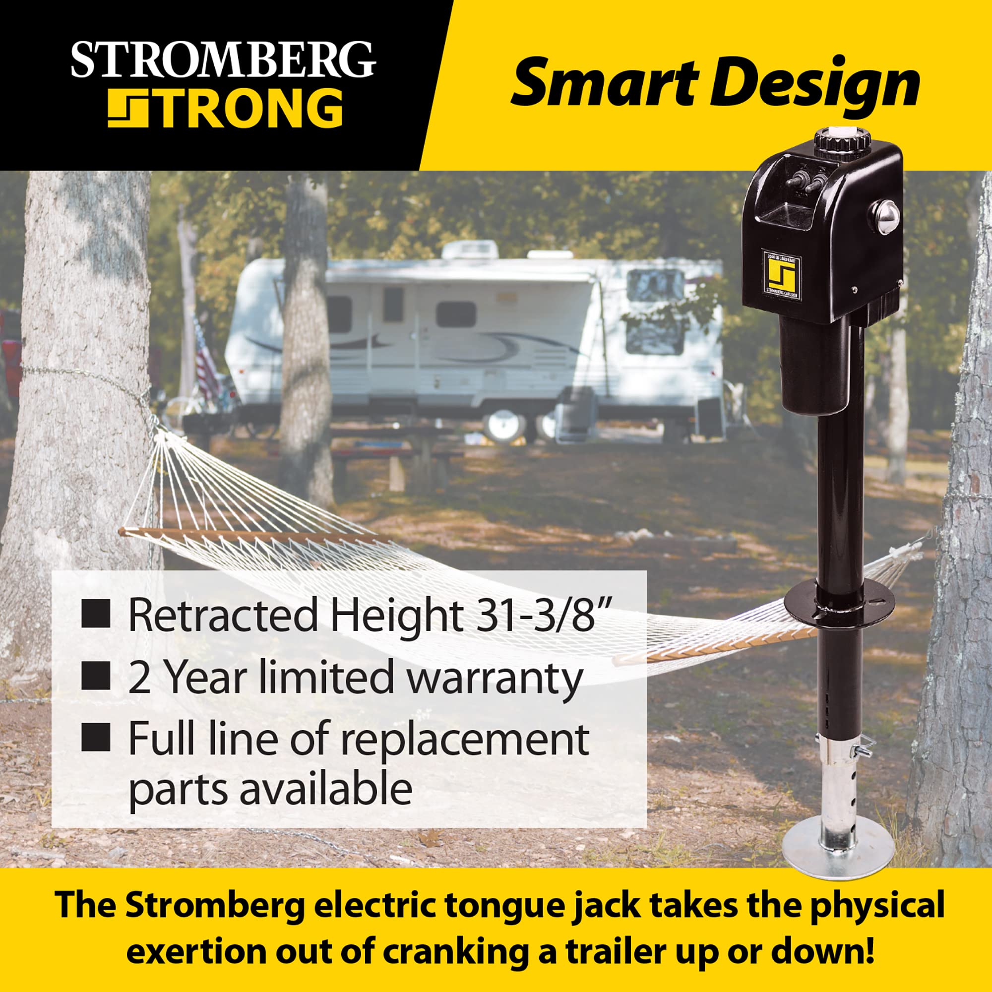 Stromberg Carlson Jet-3555 Electric Tongue Jack - Heavy Duty Jack With Motor Protection, 18 Travel & 5 Drop Down Leg, Stabilizing, Leveling & Lifting Rv, Camper, Utility Trailers, White, 3500 Lb