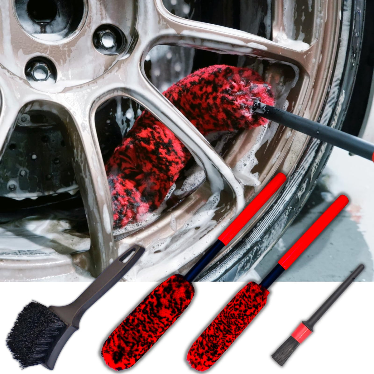 Wheel Brushes For Cleaning Wheels (4 Pro Pack)- 2X Soft Wheel Cleaning Woolies Brush, Detailing Brush And Stiff Tire Brush, Scra