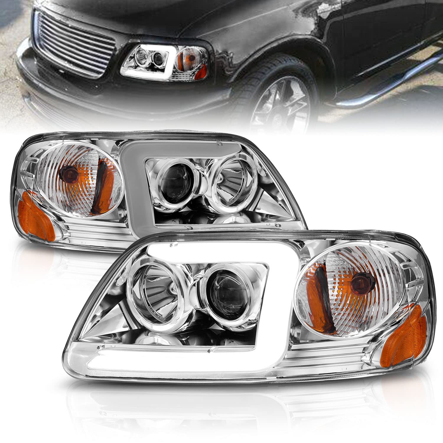 Amerilite For 1997-2003 Ford F150 Expedition Pickup Truck Chrome C-Type Led Tube Projector Replacement Headlights Set - Driver A