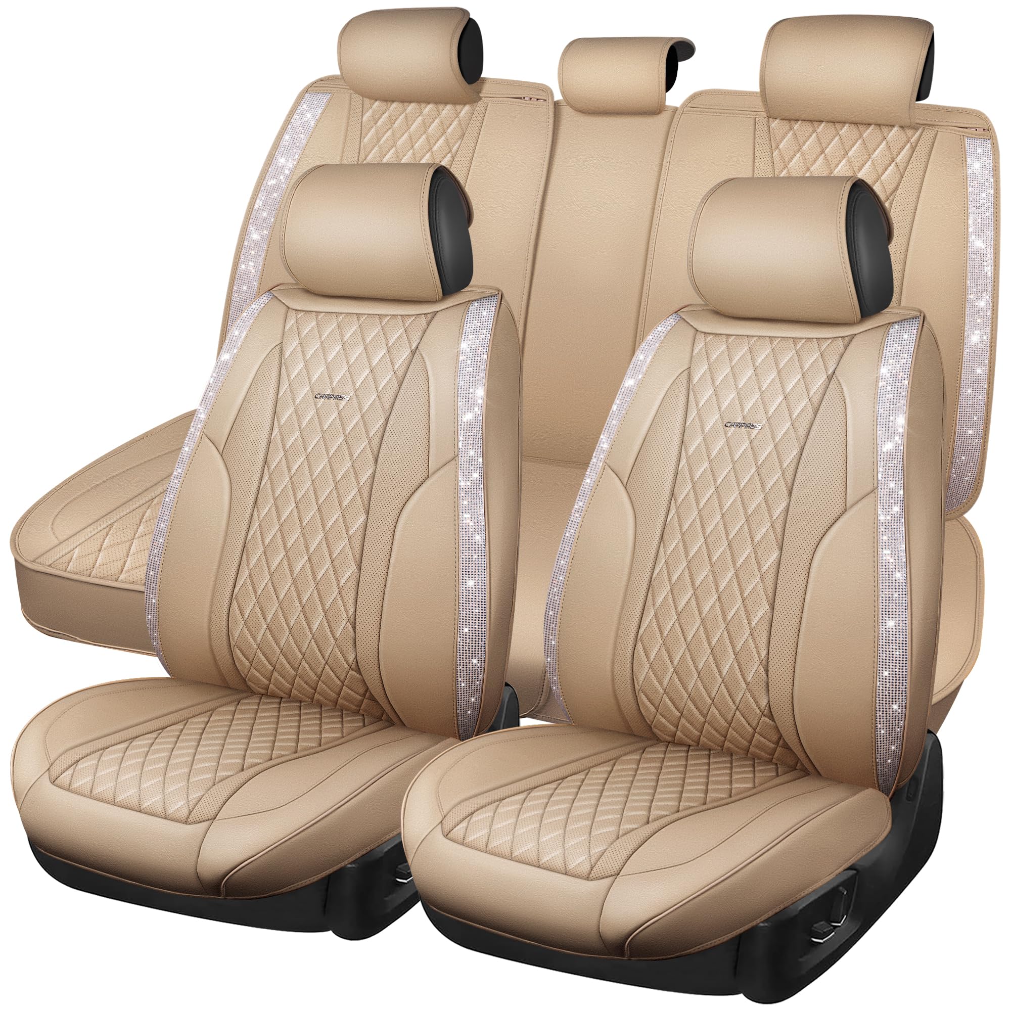 Car Pass Beige Leather Bling Car Seat Covers Full Set, Luxury Microfiber Nappa Pu Cushioned, Waterproof Anti-Slip Universal Fit