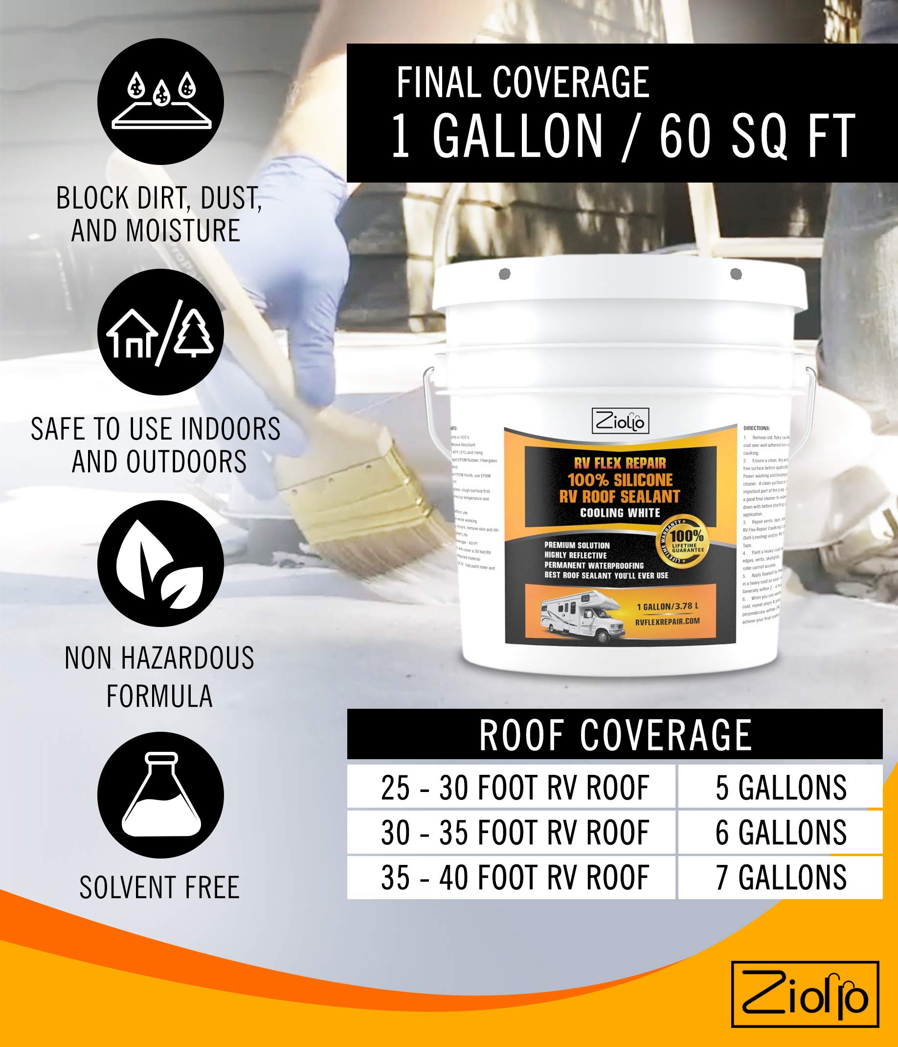 Ziollo Rv Flex Repair 100% Silicone Rv Roof Sealant - Premium Leak Repair & Waterproofing For Motorhomes, Trailers, And Campers - One Coat, No Priming Needed, 1 Gallon