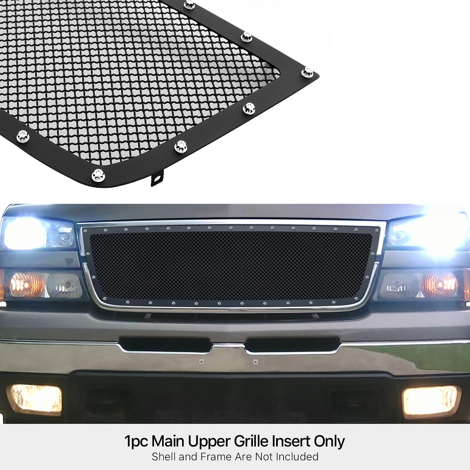 Aps Premium Stainless Steel Black Mesh Rivet Grille Insert Compatible With Chevy Silverado 1500 2500 3500 Hd 2005-2006 & 07 Clas