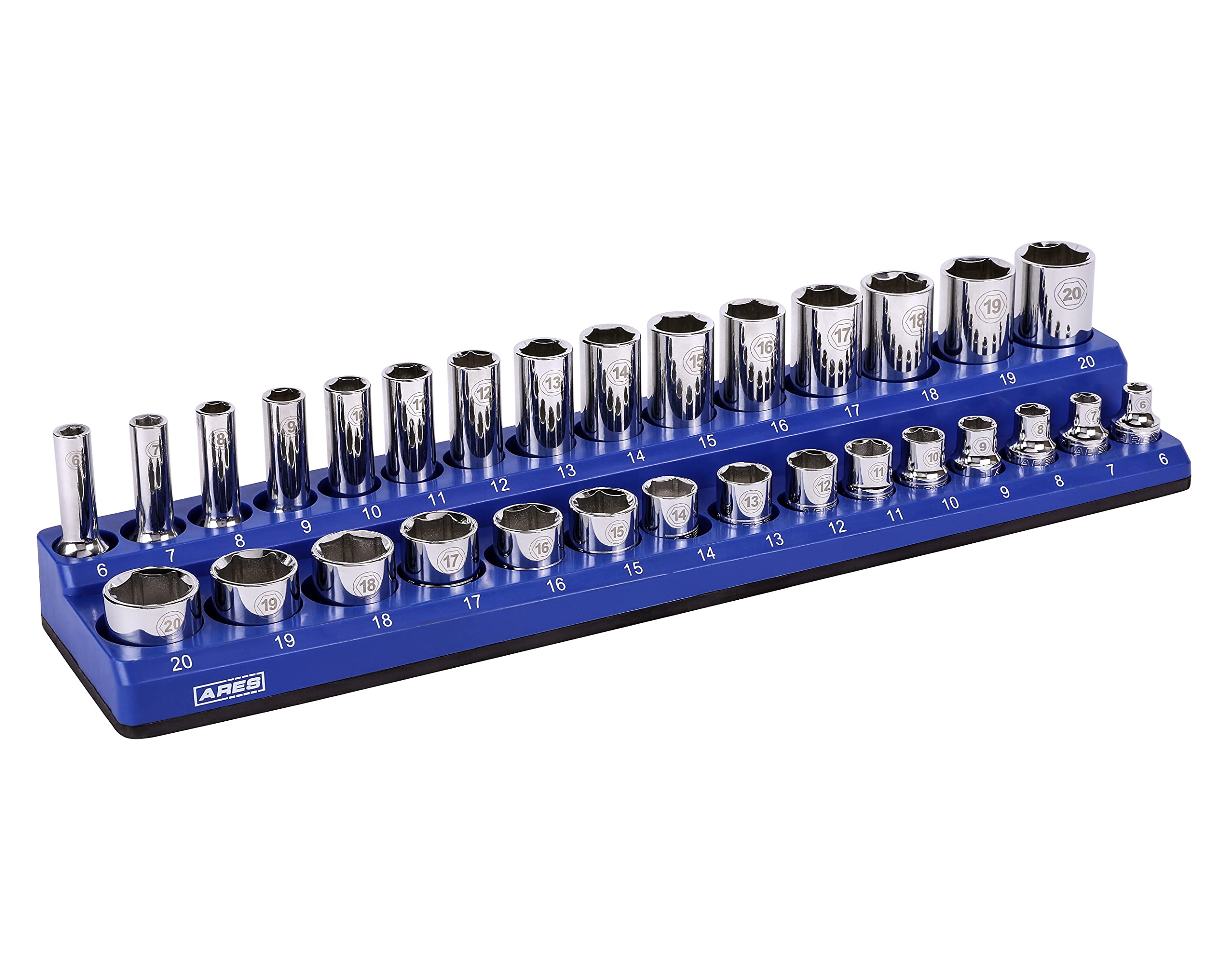 ARES 6000830Piece 3/8 in METRIC Magnetic Socket Organizer BLUE Holds 15 Standard (Shallow) and 15 Deep Sockets Perfect for