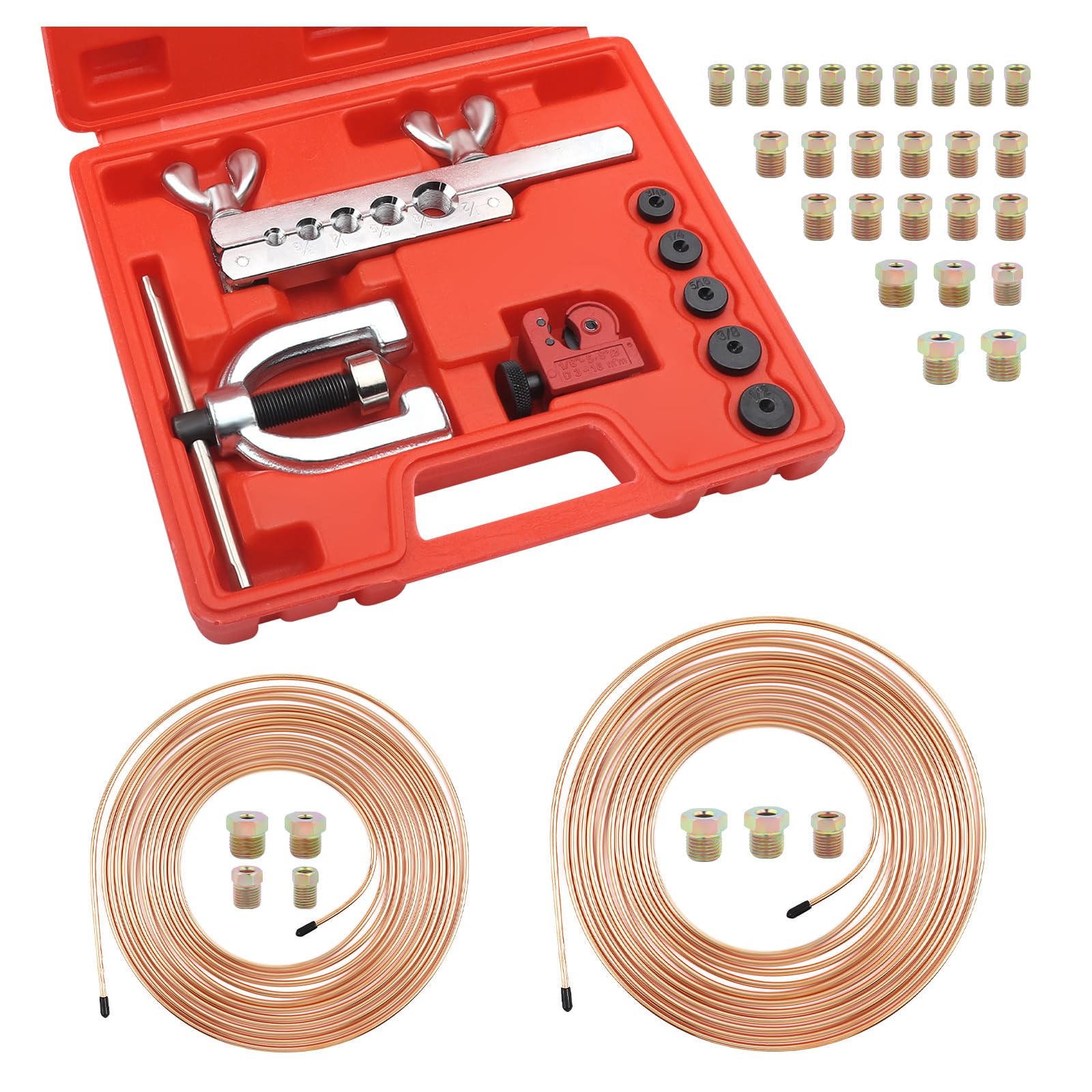 25Ft 1/4'' and 3/16'' Brake Line Kit with Includes 32 Inverted Flare Brake Line Fittings and Double & Single Brake Line Flaring 