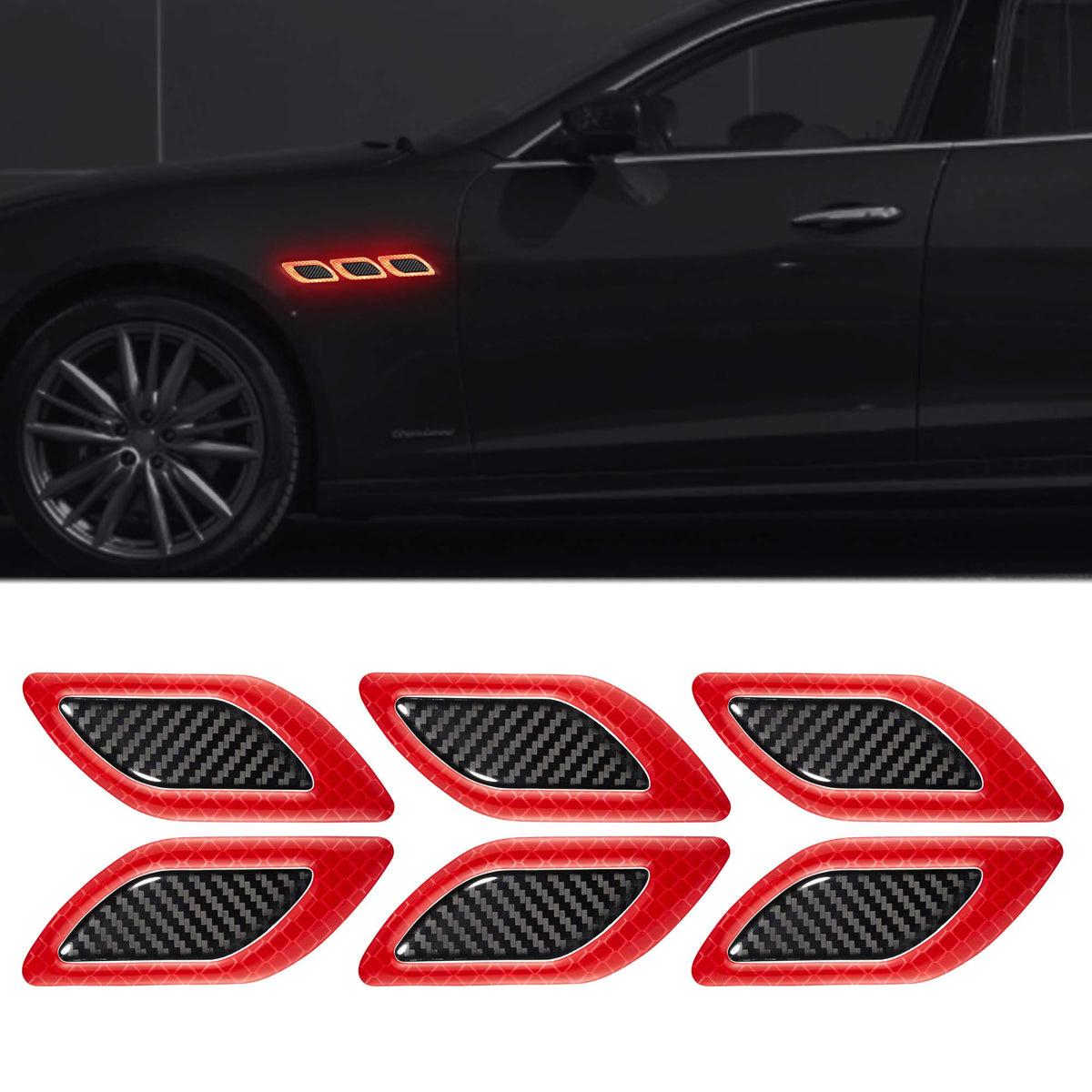 Tomall 6Pcs 3D Strong Reflective Stripe Sticker For Car Fender Hood Bumper High-Intensity Night Visibility Reflective Decal Safety Warning Diamond Grade Carbon Fiber Universal For Car Suv (Red)