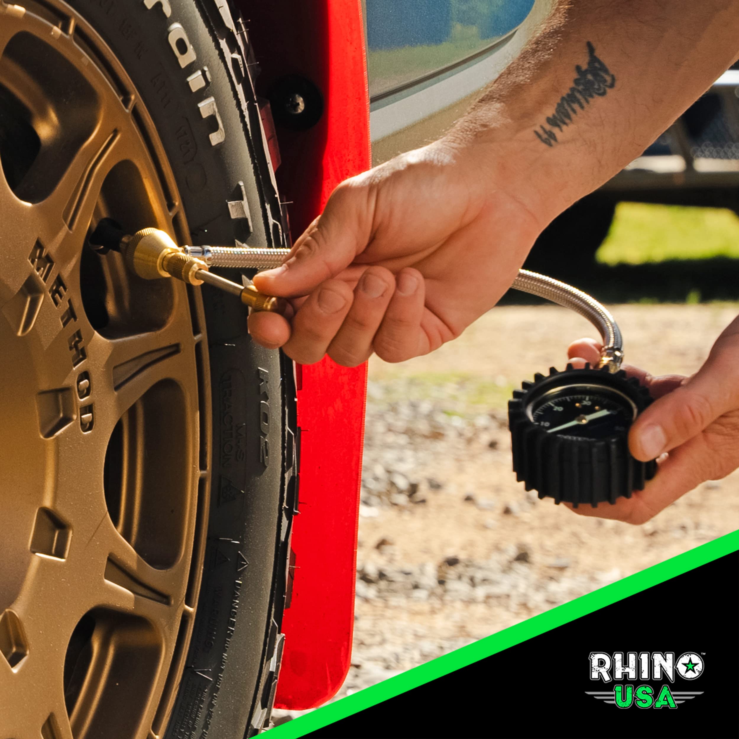 Rhino USA Rapid Tire Deflators with Gauge (0-60psi) Automatic & Adjustable Tire Air Down Tool - Large 2'' Easy Read Glow Dial &