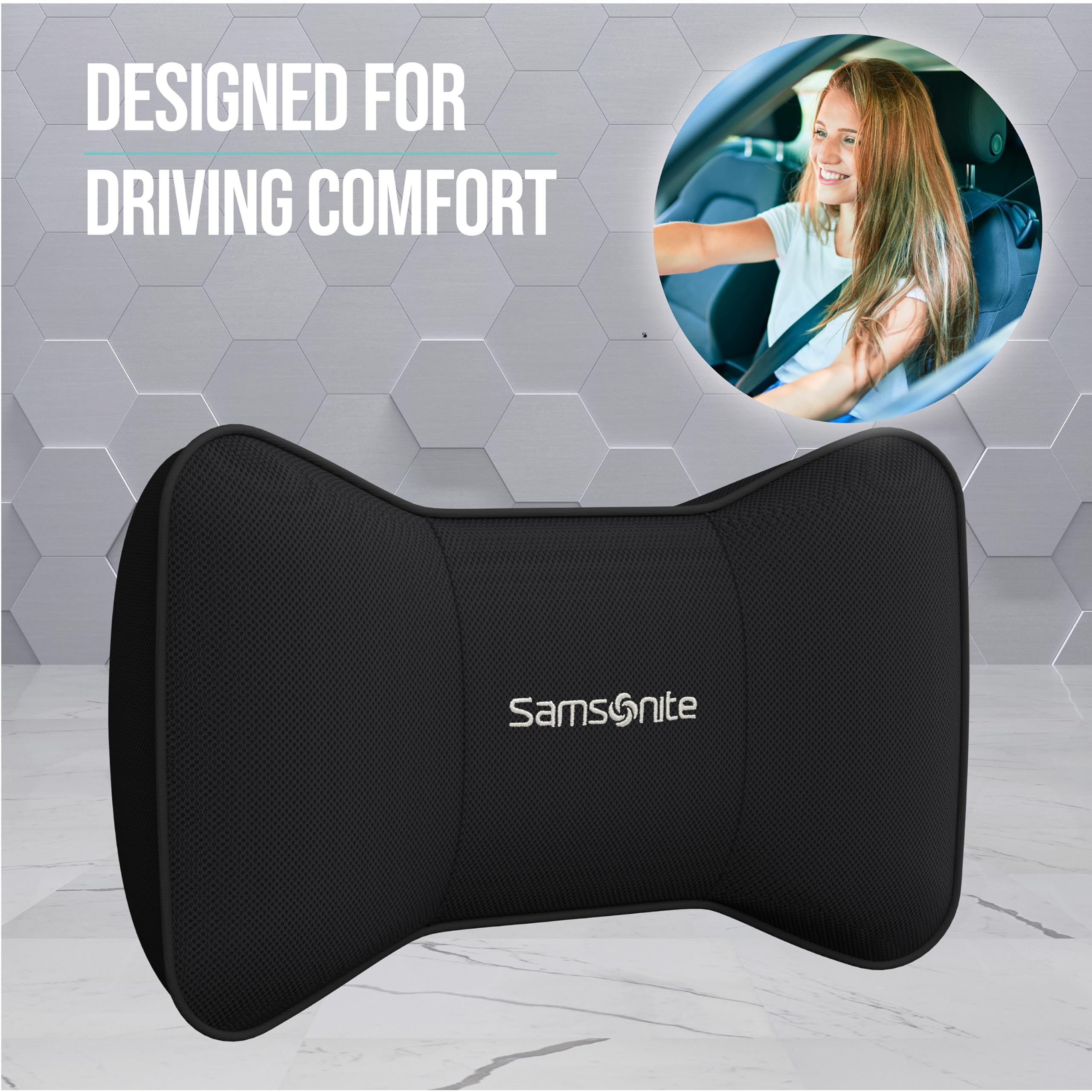 SAMSONITE Travel Neck Pillow - Memory Foam Car Seat Headrest Cushion, Ergonomic Neck Support for Driving, Adjustable Strap, Comf
