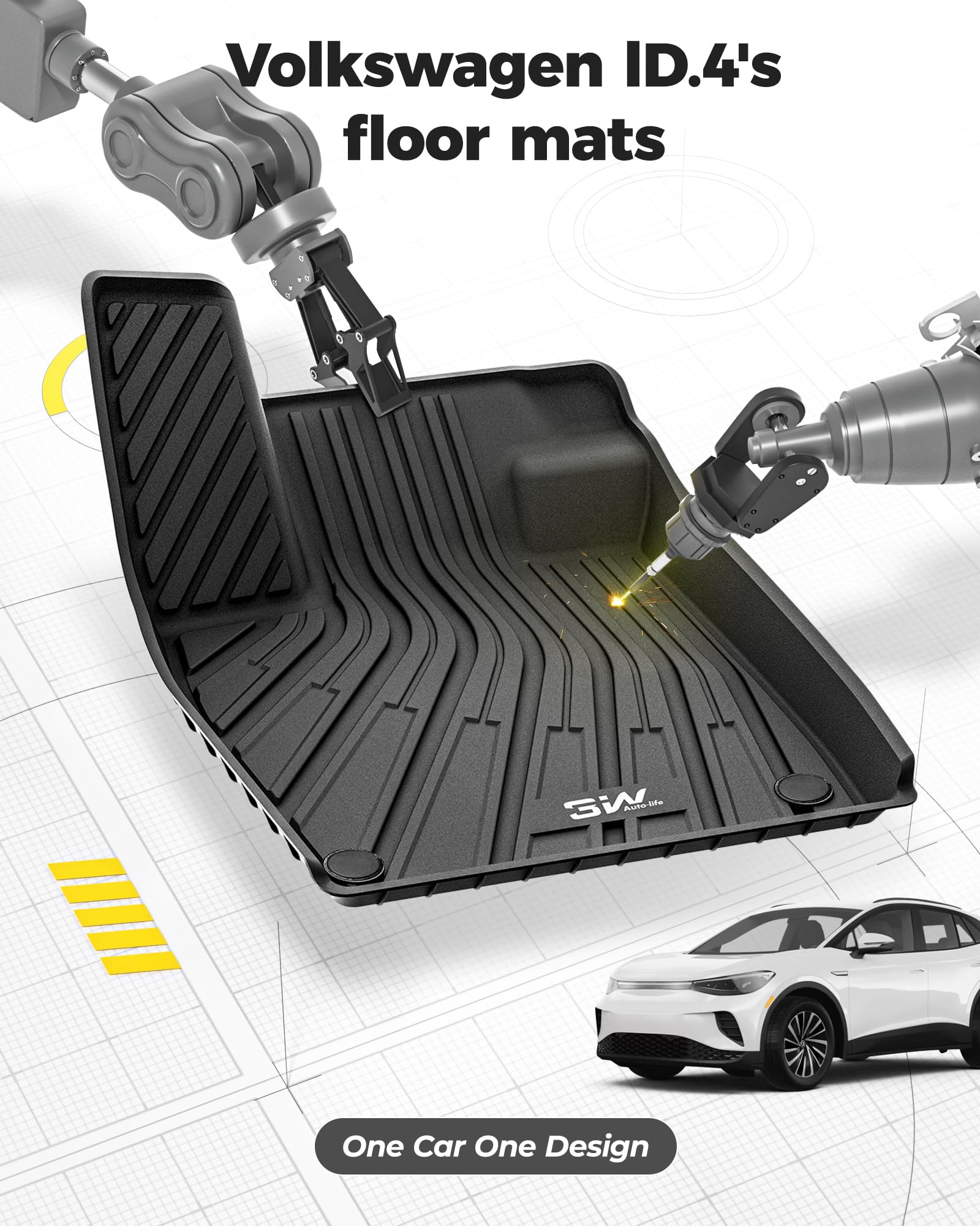 3W Floor Mats & Cargo Liner Fit For Volkswagen Id.4 2021-2024 2025, All Weather Id4 Accessories Custom Fit Floor Liner 1St, 2Nd