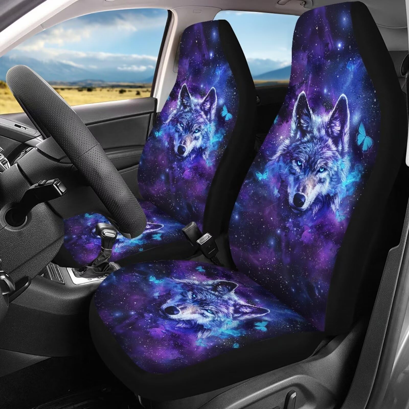 Tomeusey Car Seat Covers Front Cushion Covers and Split Rear Bench Seat Protectors for Vehicle, Wolf Butterfly Universal Auto In