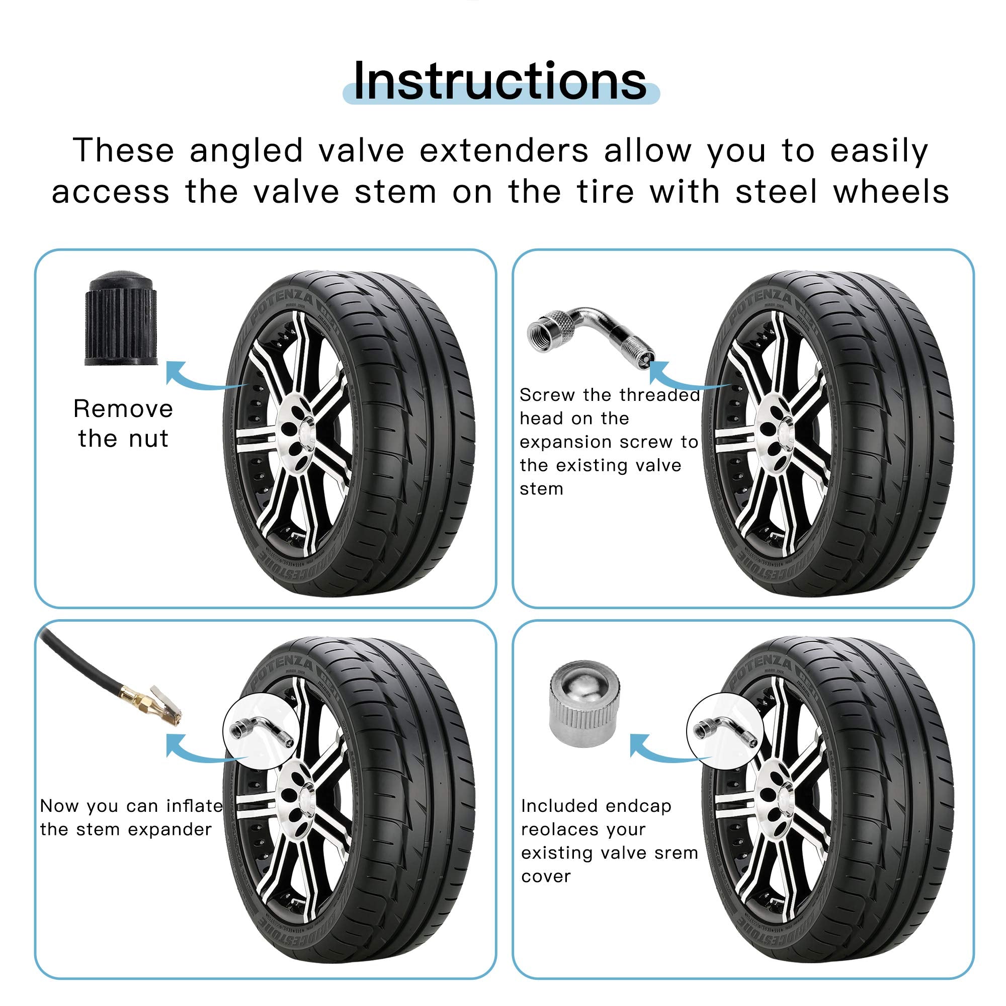 6-Pack Valve Stem Extenders, Mellbree 45 Degree 90 Degree 135 Degree Schrader Tire Valve Extension Compatible For Dual Wheels Passenger Cars, Rv, Stroller, Bicycles, Motorcycles And Trailers