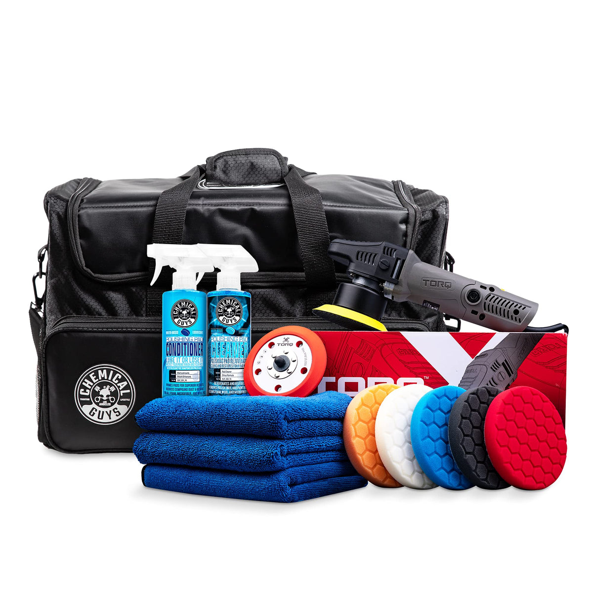 Chemical Guys Hol351 Torqx Random Orbital Polisher Complete Detailing Kit With Arsenal Range Polisher Bag - 13 Items