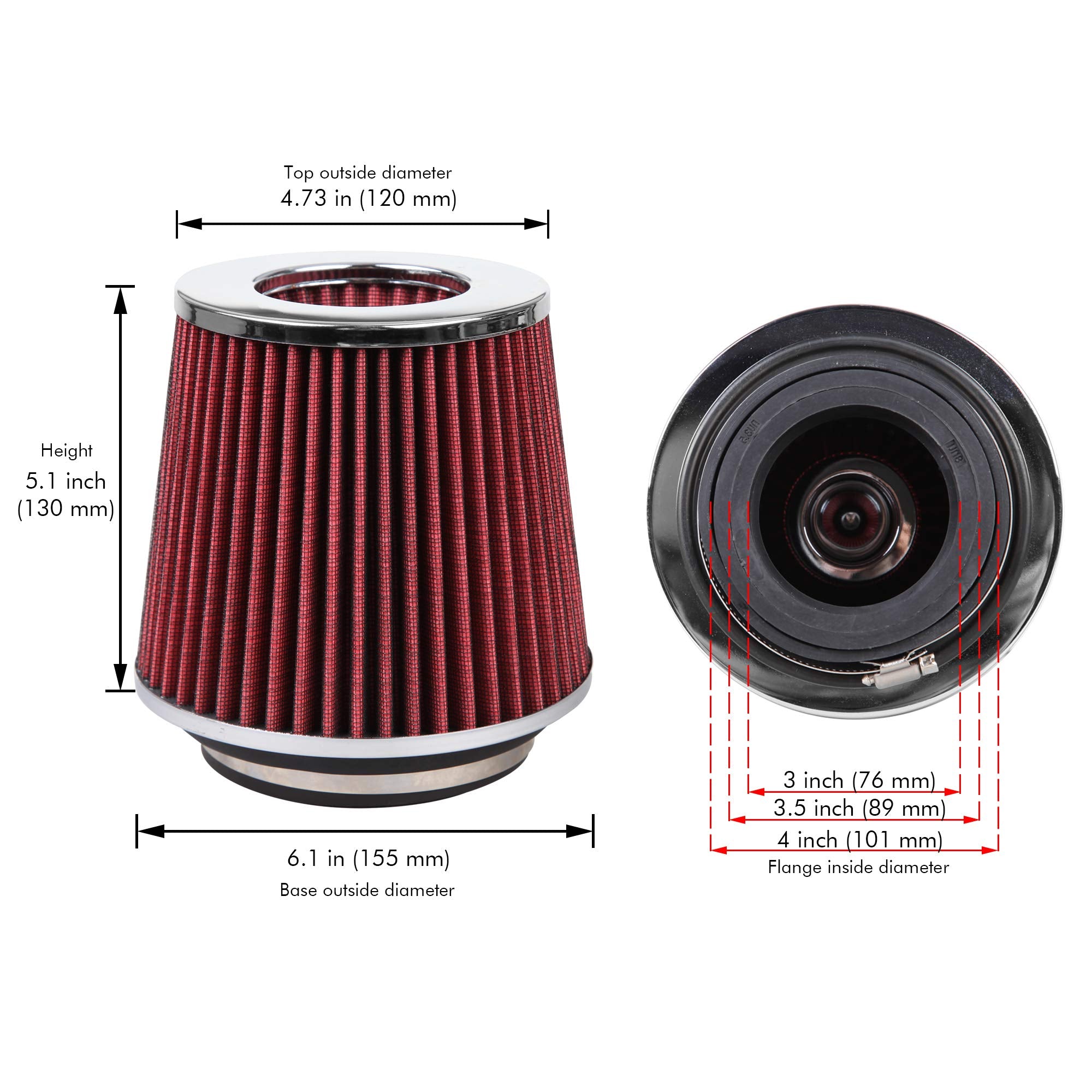 Cartman Clamp-On Engine Air Filter, Fit Intake Tube With 3/3.5/4In Diameter, Premium High Performance Replacement Filter, Washab