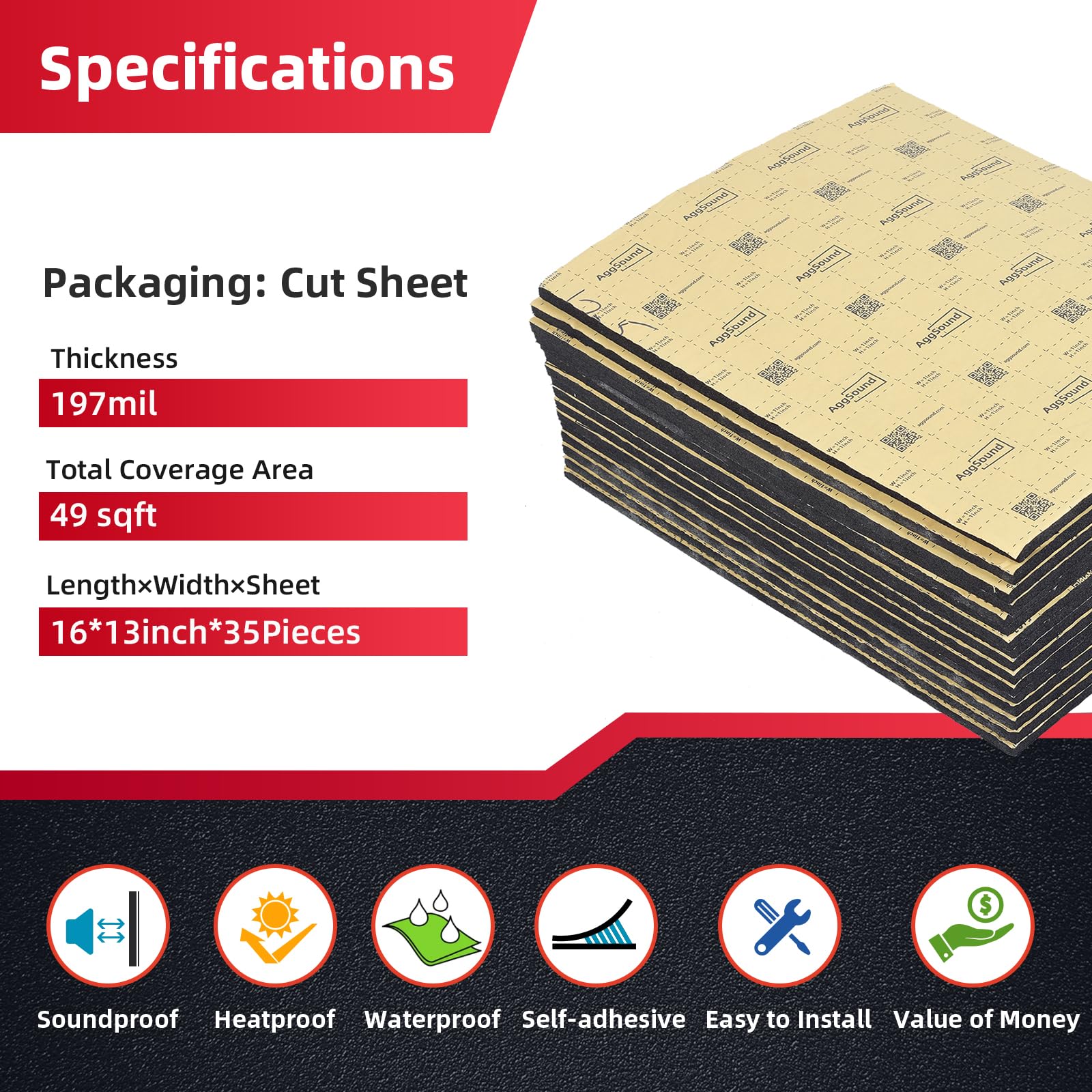 Aggsound 197Mil 49Sqft Roll Pack Universal Sound Deadener For Cars Auto Sound Deadening Closed Cell Foam Noise Deadening Materia