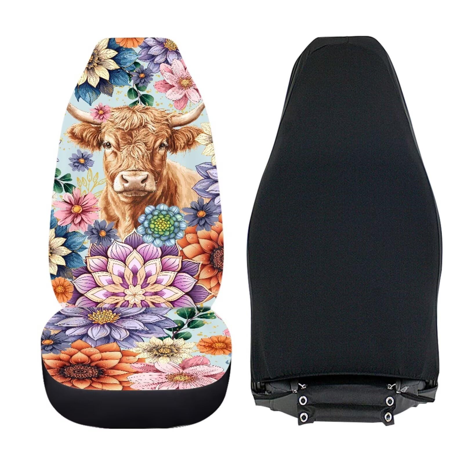 TOADDMOS Anti-Slip Car Seat Cover Front Seats Only,Boho Mandala Highland Cow Comfort Automotive Car Interior Covers Vehicle Cush