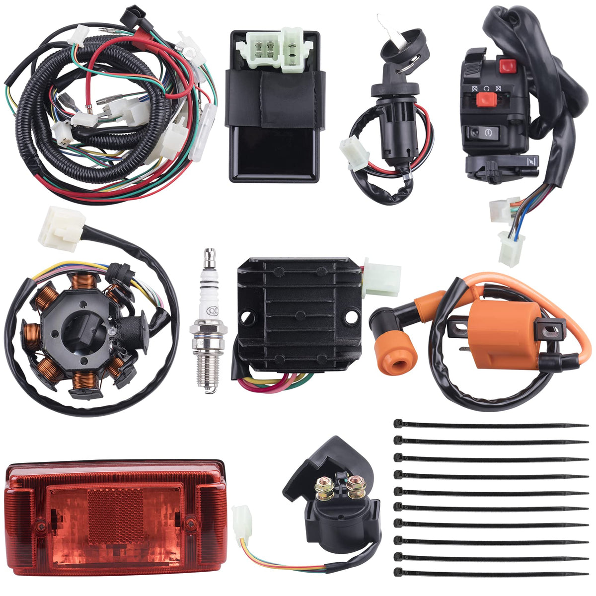 Complete Electrics Wiring Harness Stator Coil Cdi Solenoid Relay Spark Plug Tail Light For 4 Wheelers Stroke Atv (150Cc 200Cc 250Cc 300Cc) Pit Dirt Bike Go Kart Zongshen Lifan By Otohans Automotive