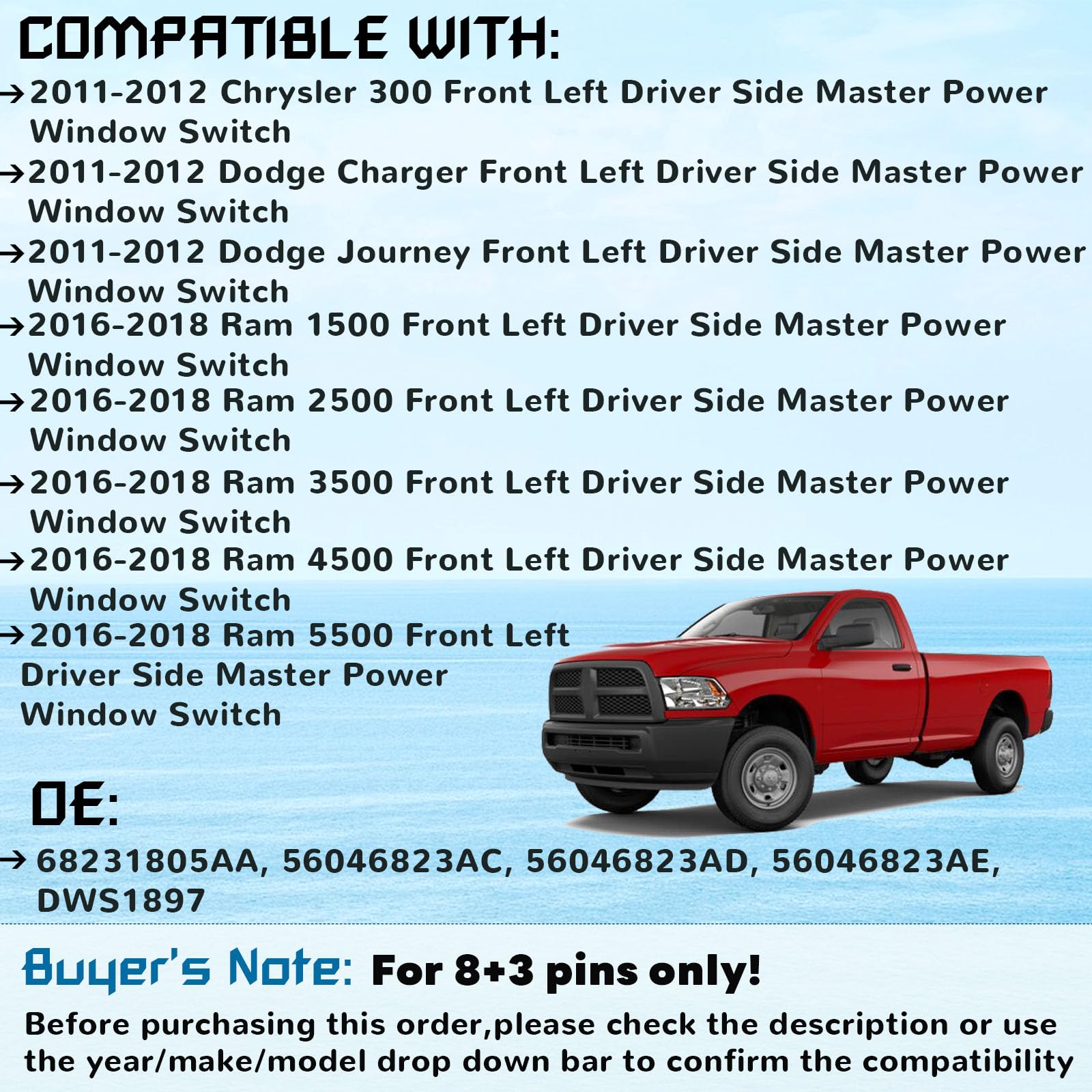 Master Power Window Switch Replacement For 2011-2012 Chry-Sler 300/ Dodge Charger/Dodge Journey, 2016-2018 Ram 1500 2500 3500 45