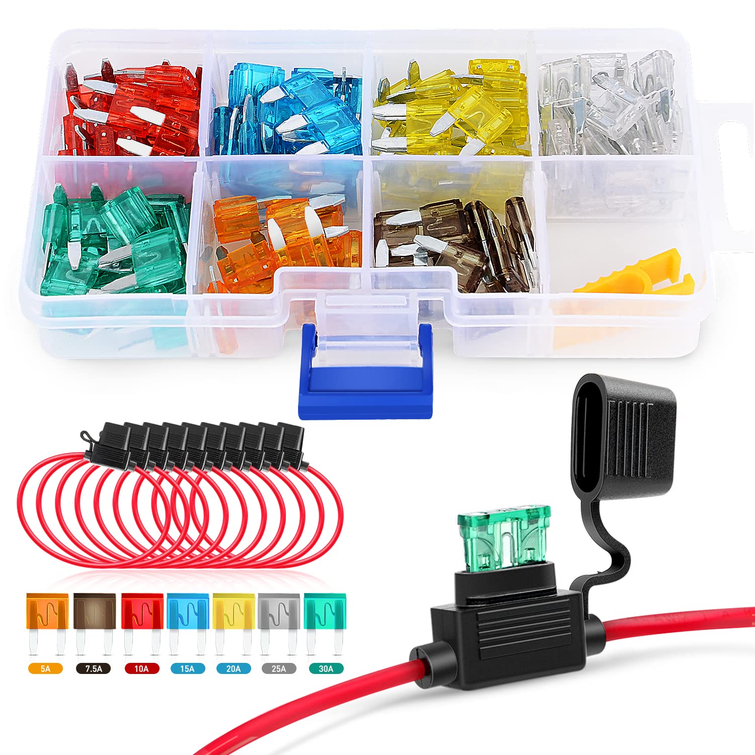 Nilight 120 Pcs Mini Atm/Apm Blade Fuse 5A/7.5A/10A/15A/20A/25A/30A Amp Assorted Set With 10 Pack 14Awg Atc/Ato Inline Fuse Hold