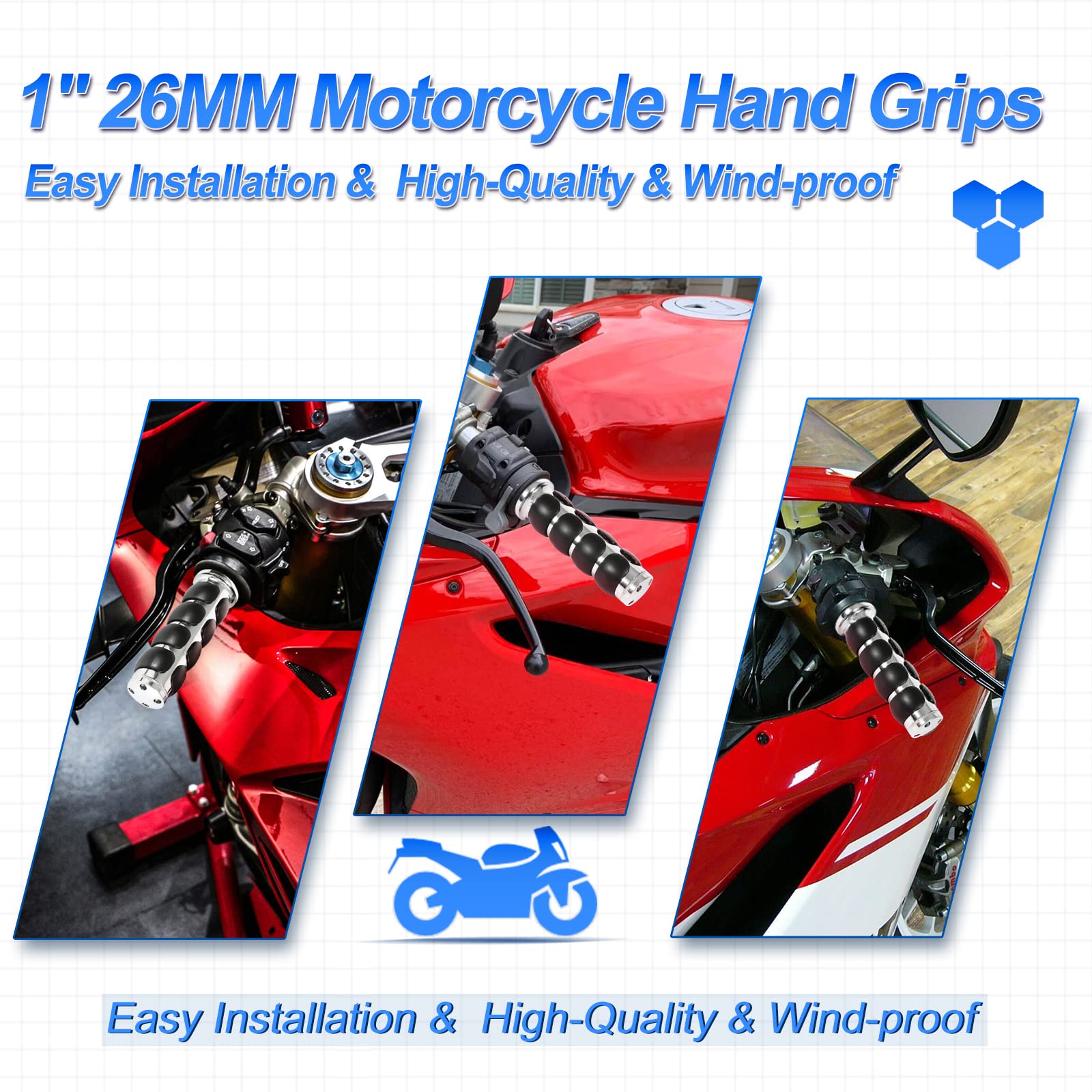 Oxmart Motorcycle Handle Grips Universal 1'' Chrome Hand Grips With Anti-Slip Rubber Design And Throttle Assist Fit For Harley Yamaha Suzuki Honda Kawasaki