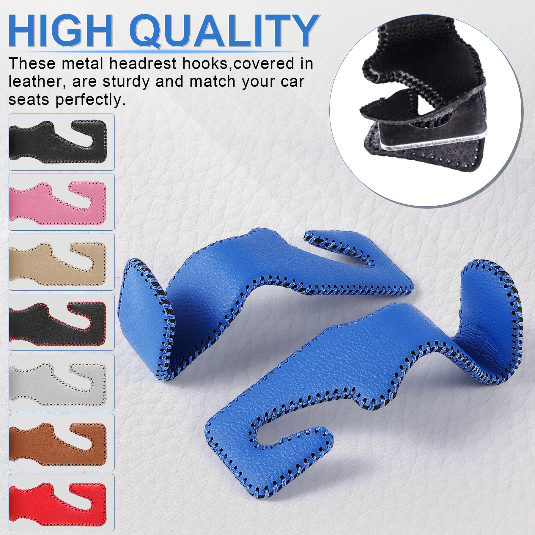 Livtee Blue Superior Leather Car Seat Back Headrest Hook, Auto Seat Hook Hangers Interior Accessories For Purse Coats Umbrellas