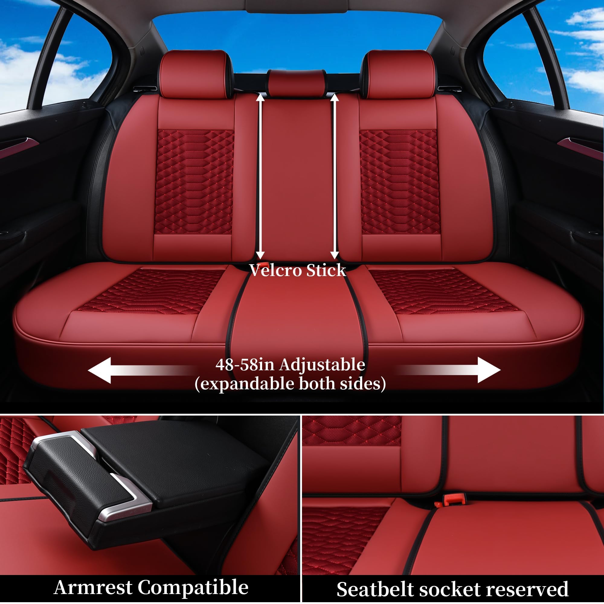 Coverado Car Seat Covers Full Set, Red Seat Covers For Cars 5 Seats, Breathable Fabric& Faux Leather Car Seat Cushions, Front An