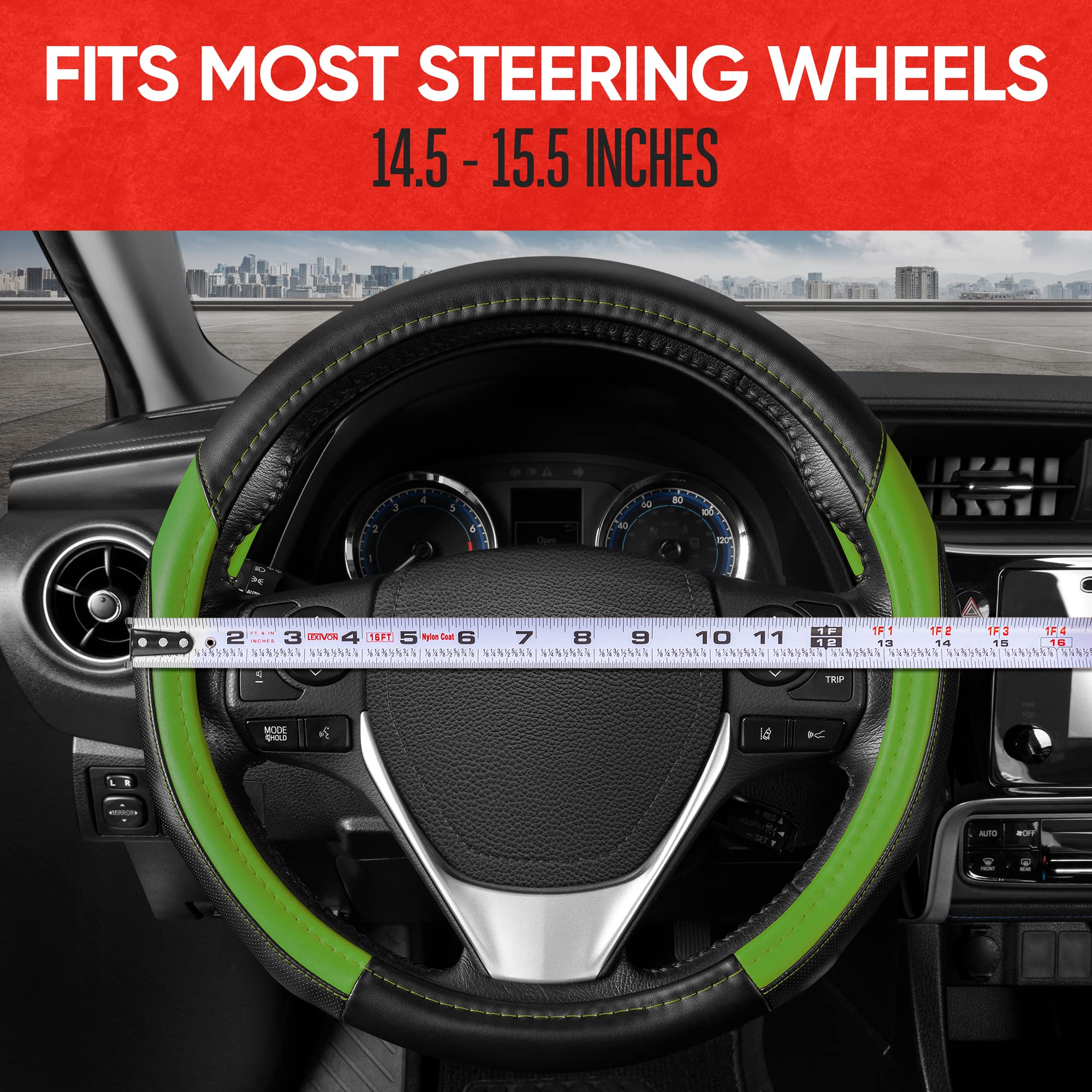 Motor Trend Sportdrive Faux Leather Steering Wheel Cover, Standard 15 Inch Size, Two-Tone Black & Green, Car Steering Wheel Cove