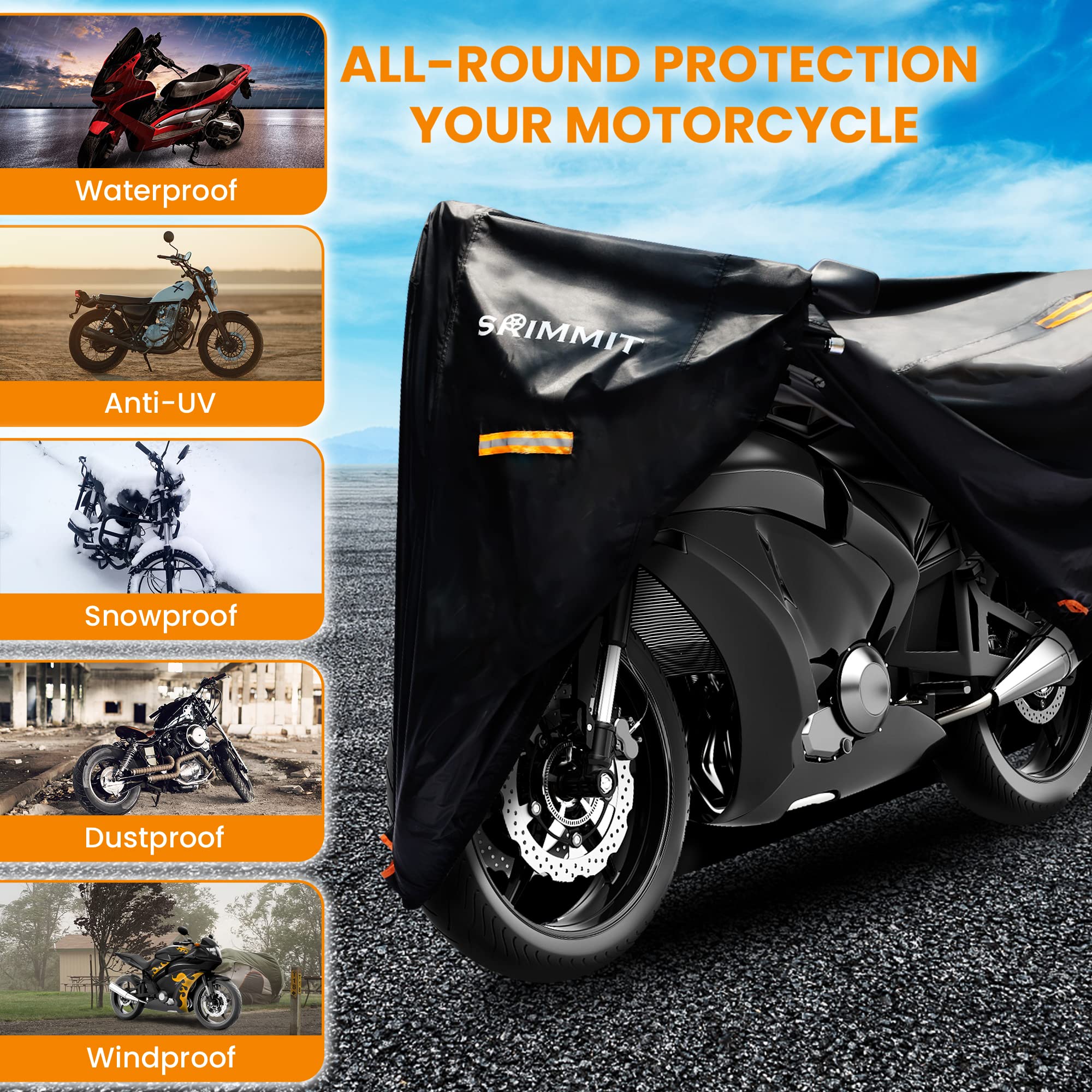 Motorcycle Cover Waterproof Outdoor,420D Universal Cover Motorcycle,All Season Protection,With License Plate Window, 4 Reflectiv