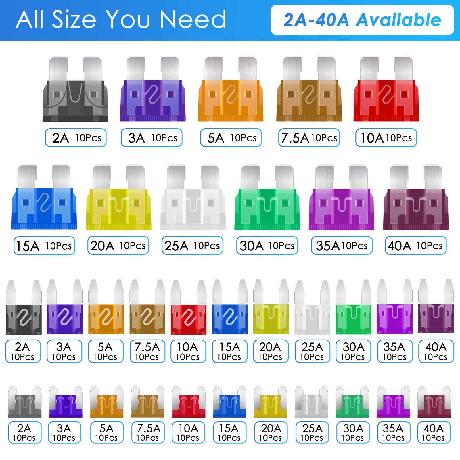 Pacetap 330 Pcs Car Fuses Assortment Kit Include Standard & Small & Mini Size(2A/3A/5A/7.5A/10A/15A/20A/25A/30A/35A/40A), Car Bl