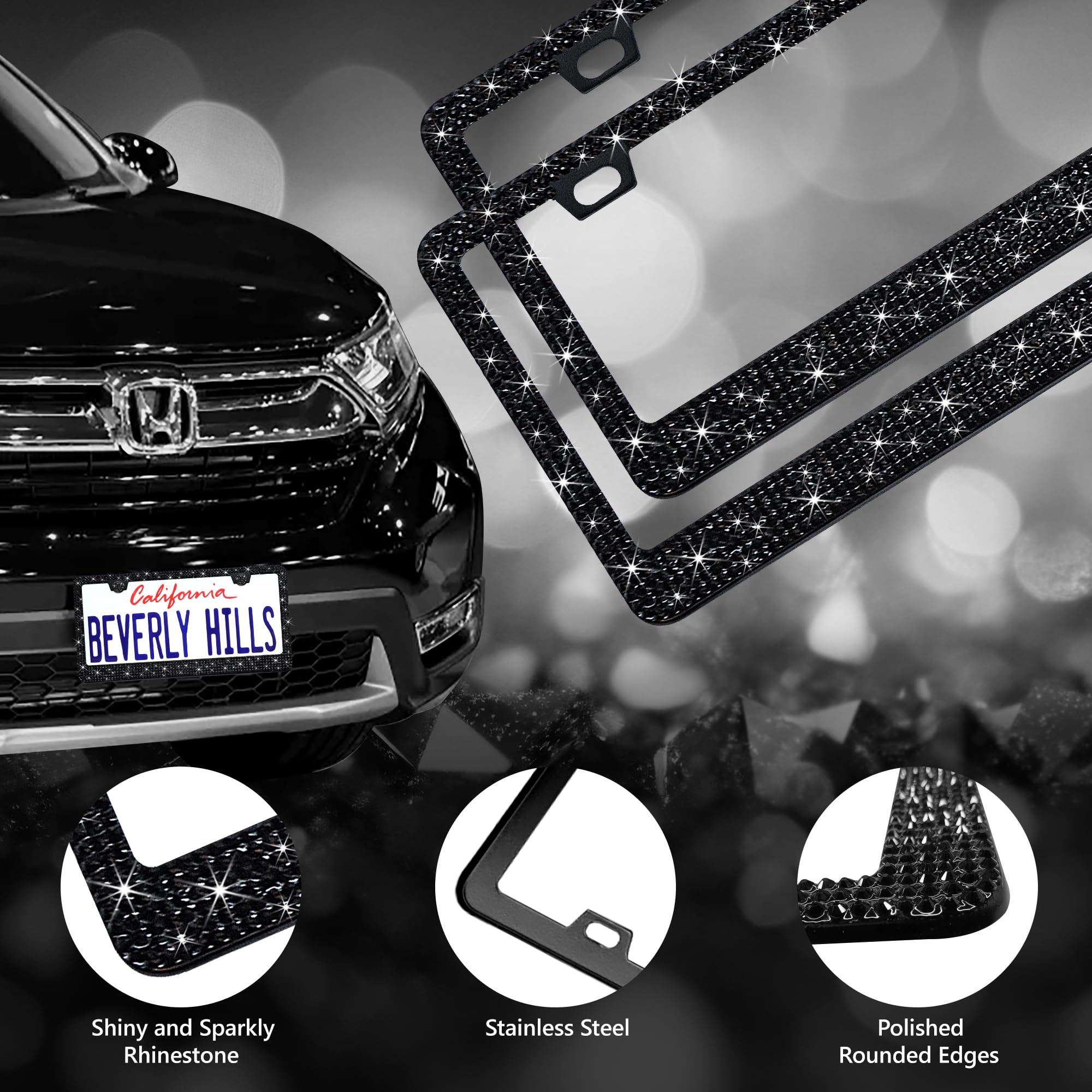 Motorfi 2 Pack Black Bling License Plate Frames For Women - Stainless Steel With Diamond Sparkly Rhinestone License Plate Holder