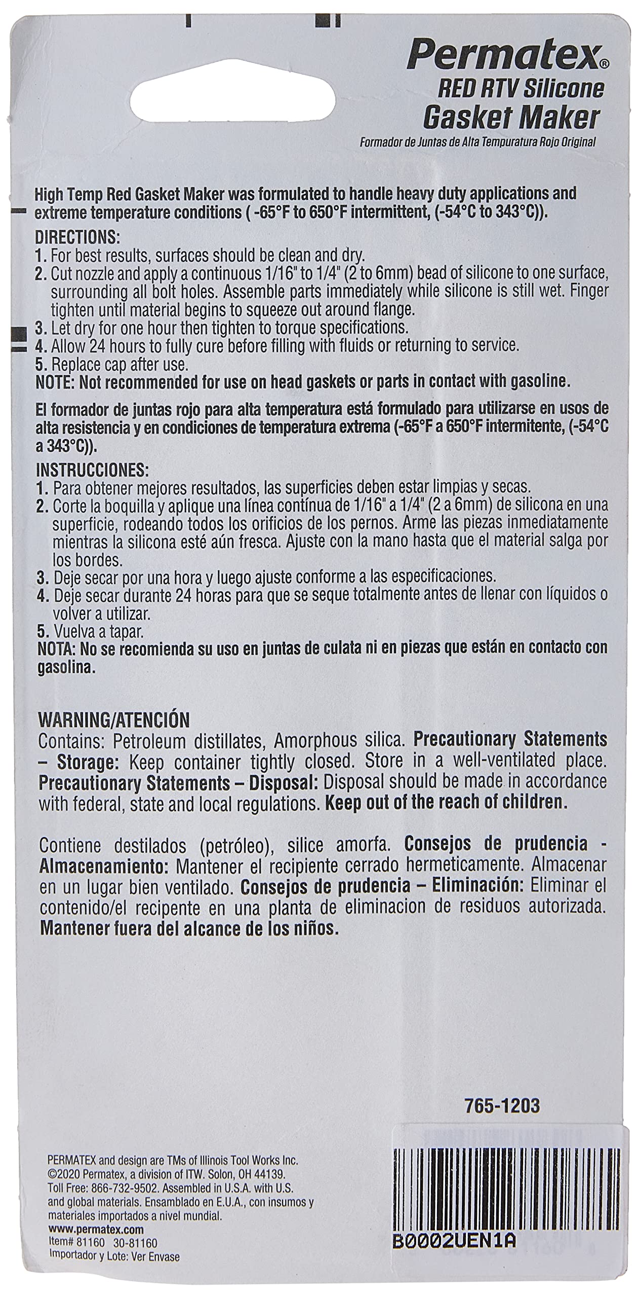Permatex 81160 High-Temp Red Rtv Silicone Gasket, 3 Oz