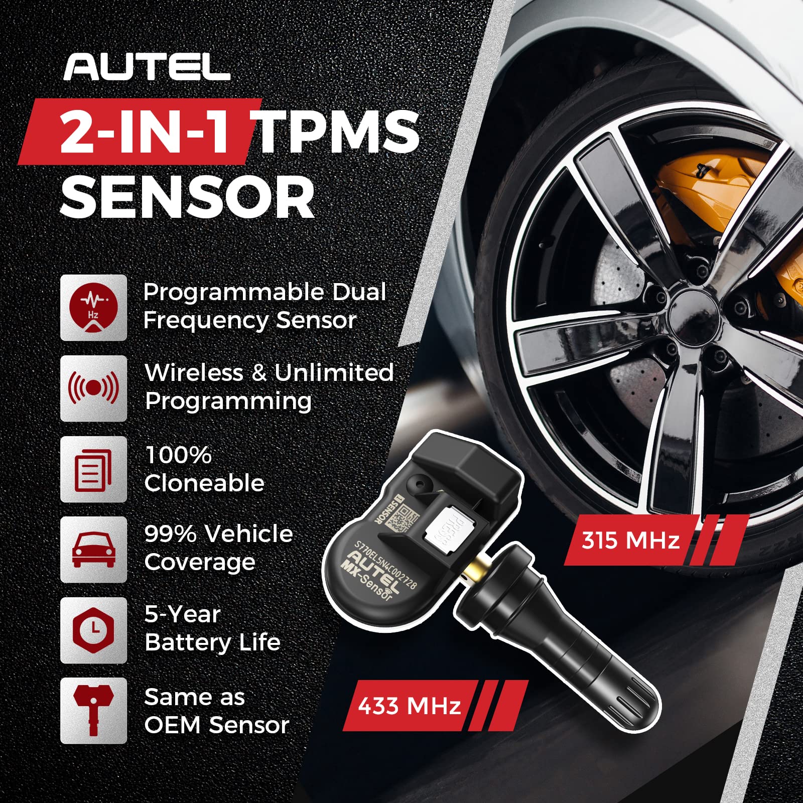 Autel Tpms Sensor 2In1 Mx-Sensor 315Mhz + 433Mhz Press-In Tire Pressure Monitor System Sensor