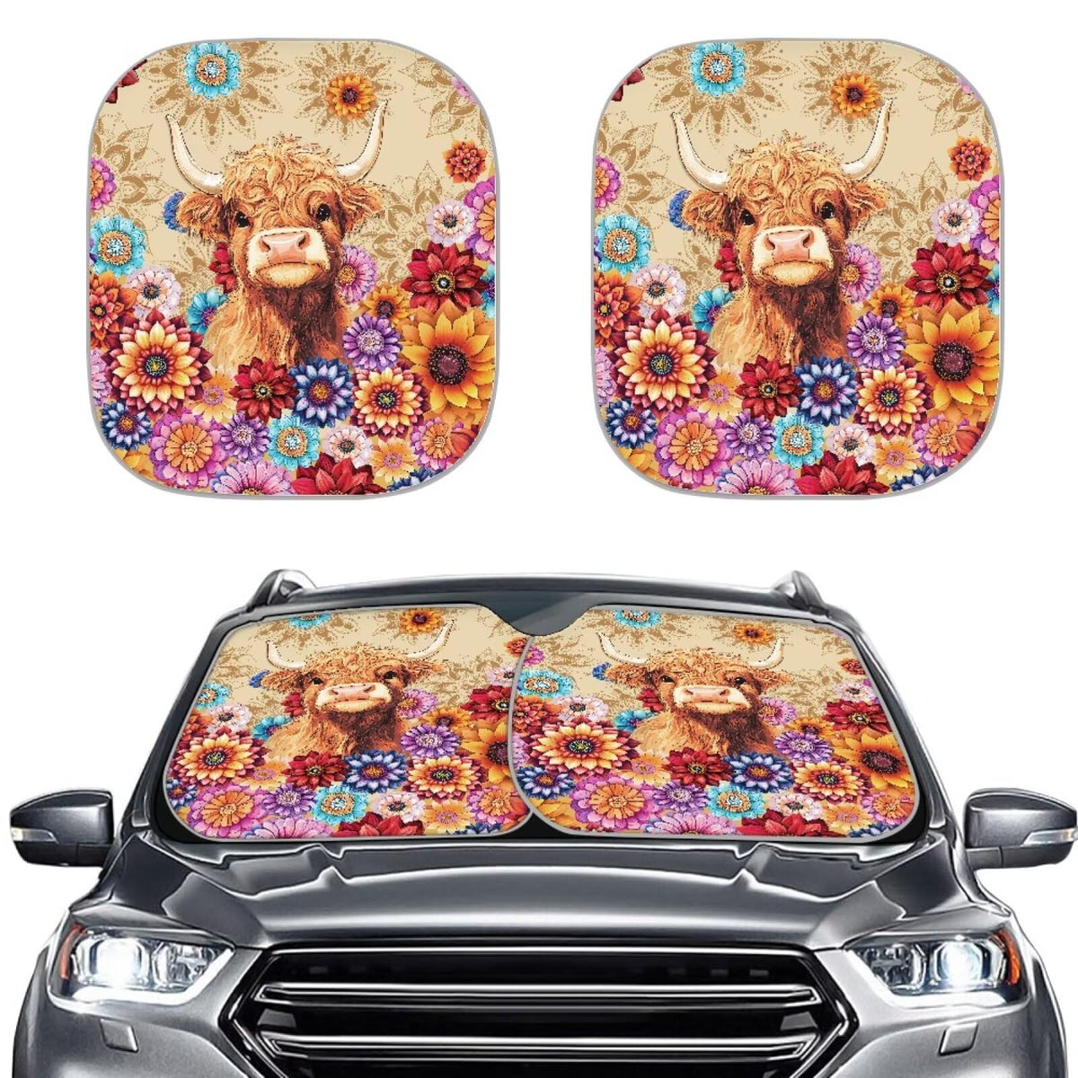 TOADDMOS Highland Cow Windshield Sunshades Boho Mandala Floral Car Sun Shades Sun Visor Flowers Sunshade Visor Automotive Car Ac