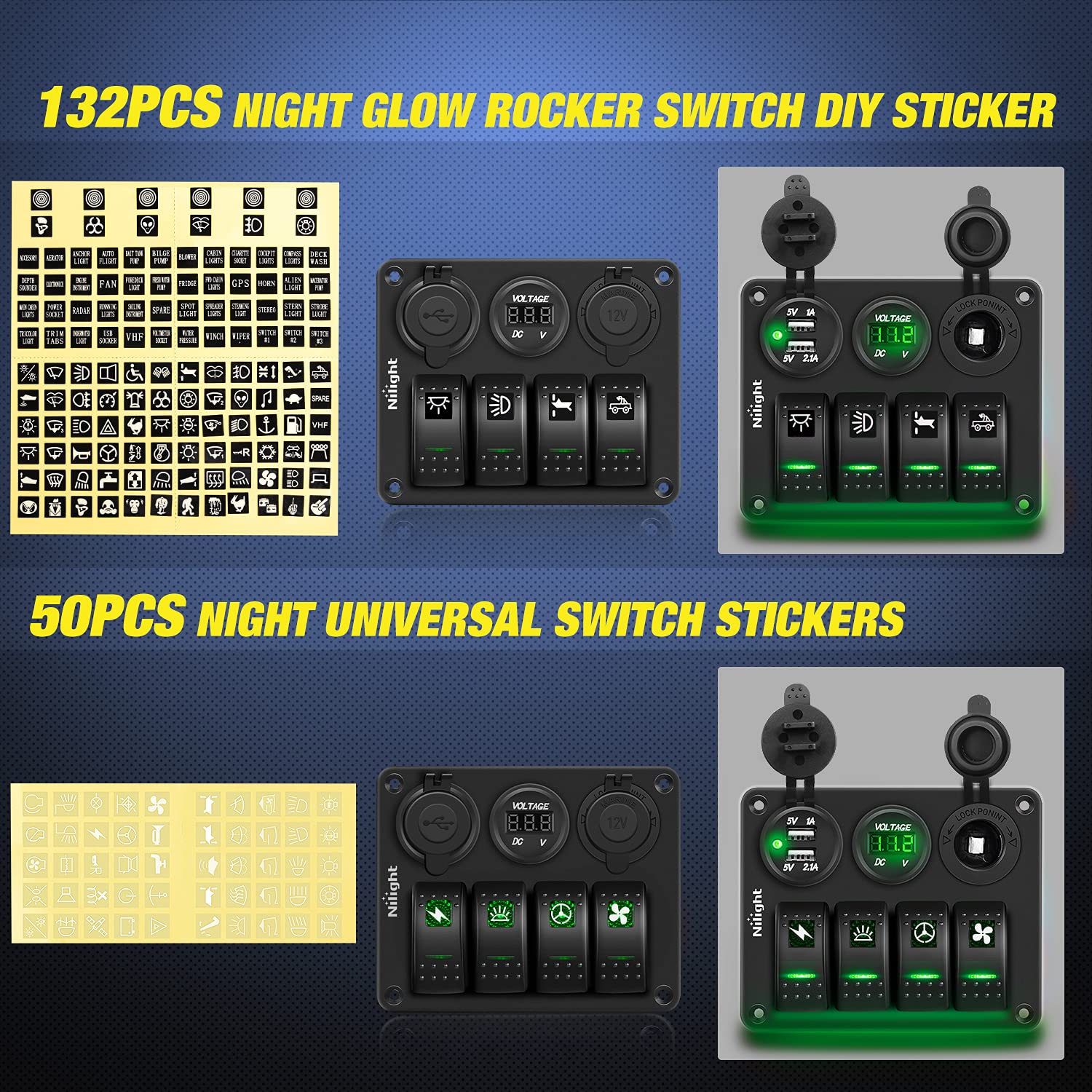 Nilight 4Gang Rocker Switch Panel with USB Charger Voltmeter and Cigar Lighter 12V 24V Toggle ON Off Green Night Glow Stickers f