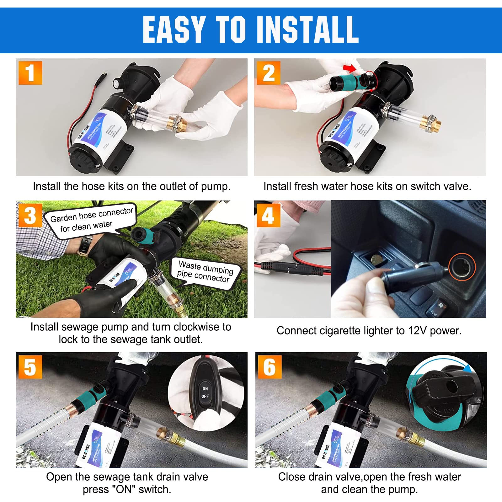 Dc House Rv Macerator Pump 12V 12 Gpm, Portable Waste Water Pump With Garden Hose Discharge Port, Quick Release Sewage Pump For