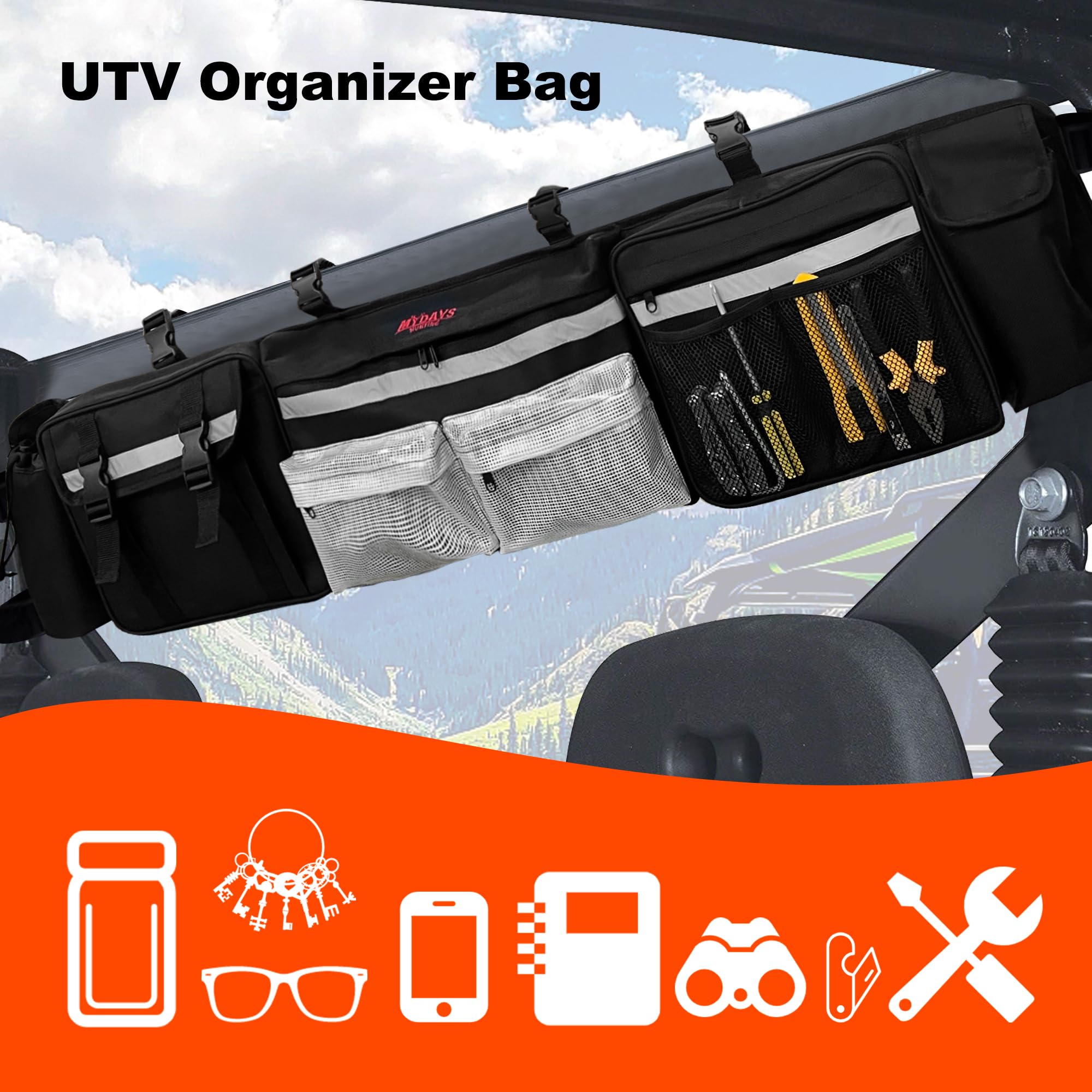 Mydays Utv Roll Cage Organizer, Cargo Rear Storage Bag Gear Bags,Tools Storage Solution With Reflective Strip For Most Full Size
