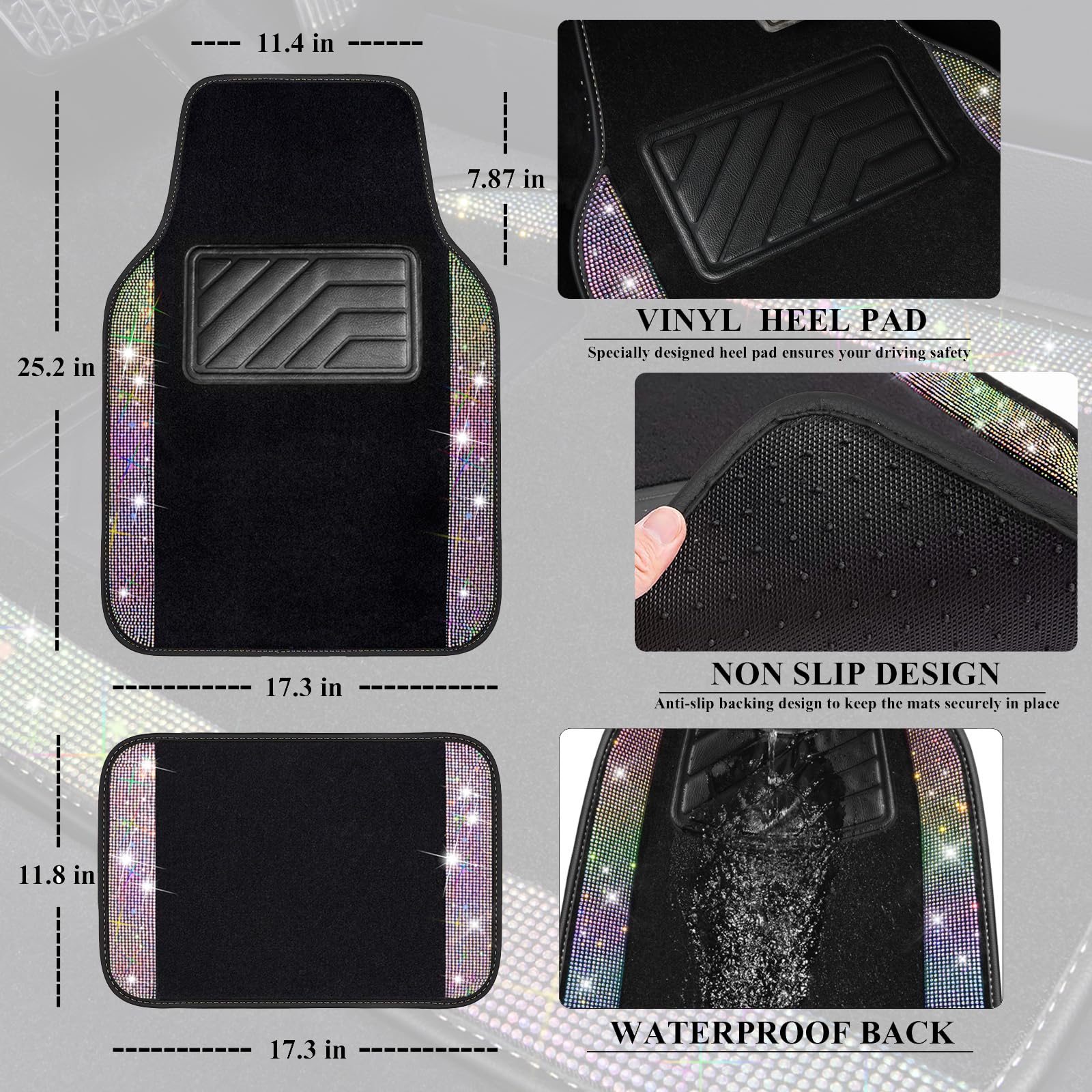 Car Pass Iridescent Bling Rhinestones Diamond Car Floor Mats Waterproof, Anti-Slip Pvc Heel Pad, Universal For Automotive Suv,Sedan,Van,4Pcs Girl Women Lady(Multicolor Colorful Crystal Sparkly Shining