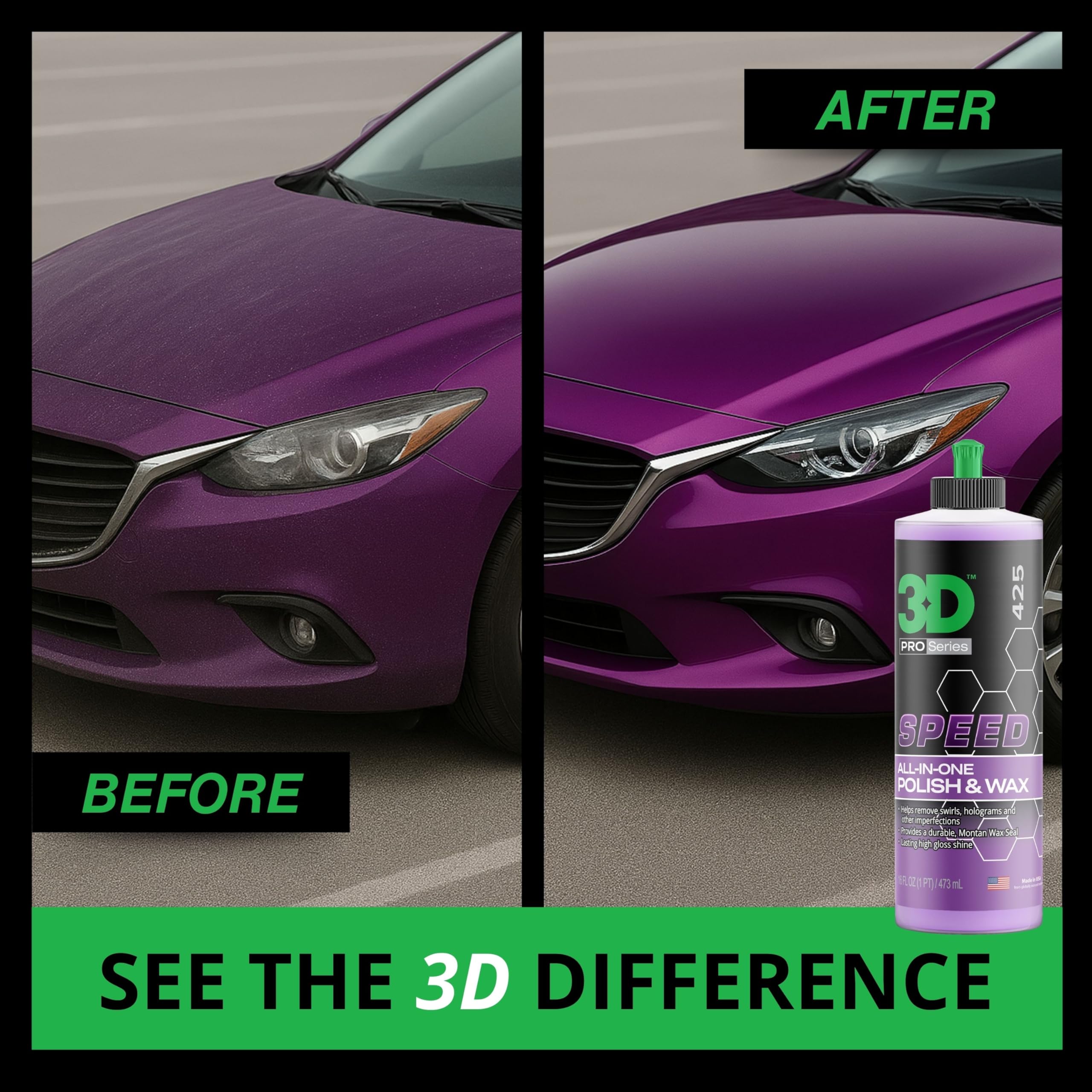 3D Speed All-In-One Polish & Wax - Scratch & Swirl Remover, Clear Coat Safe Paint Sealant - High Gloss Finish, Easy Application