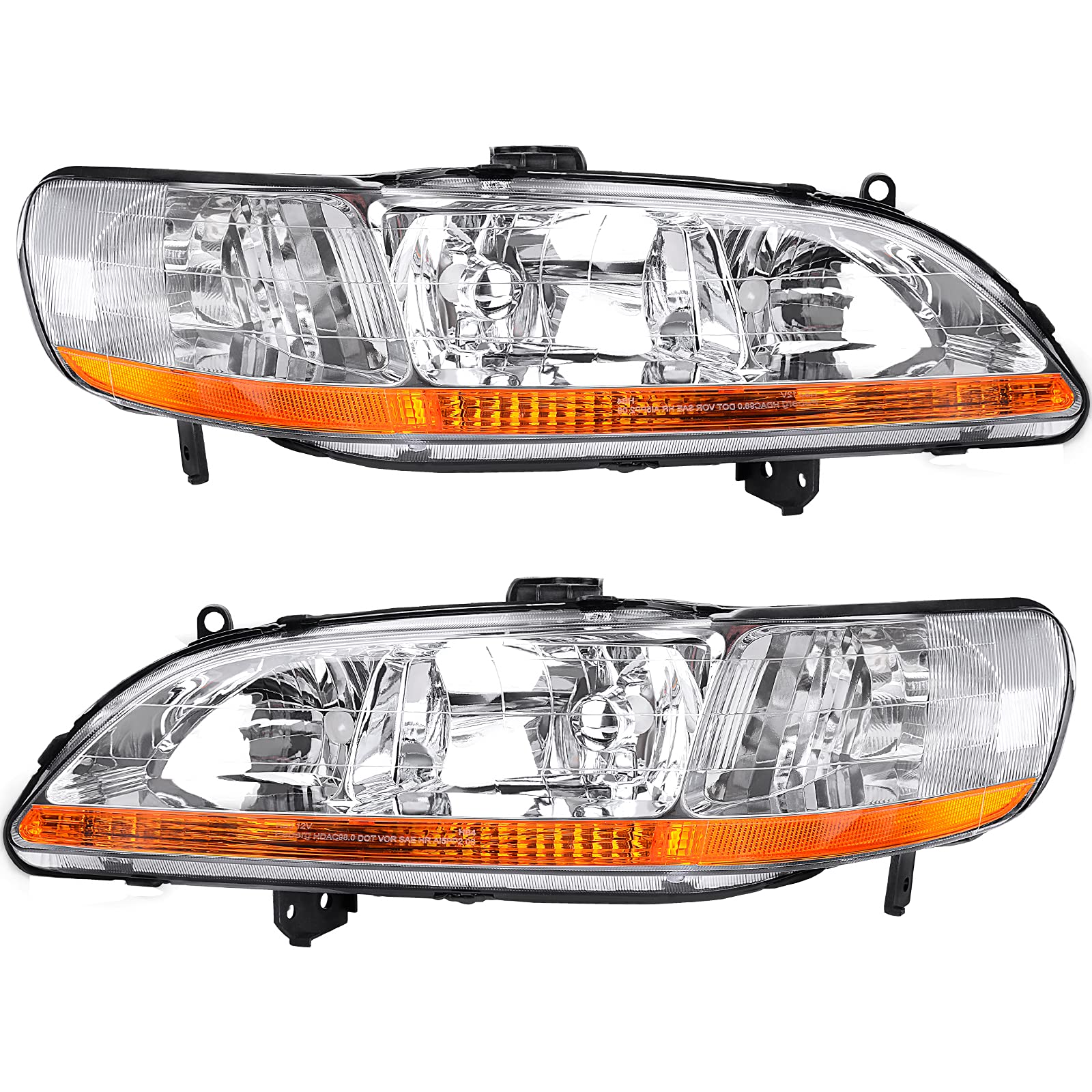 Autosaver88 Headlight Assembly Compatible With 1998 1999 2000 2001 2002 Accord Headlamp Replacement Chrome Housing Amber Reflect