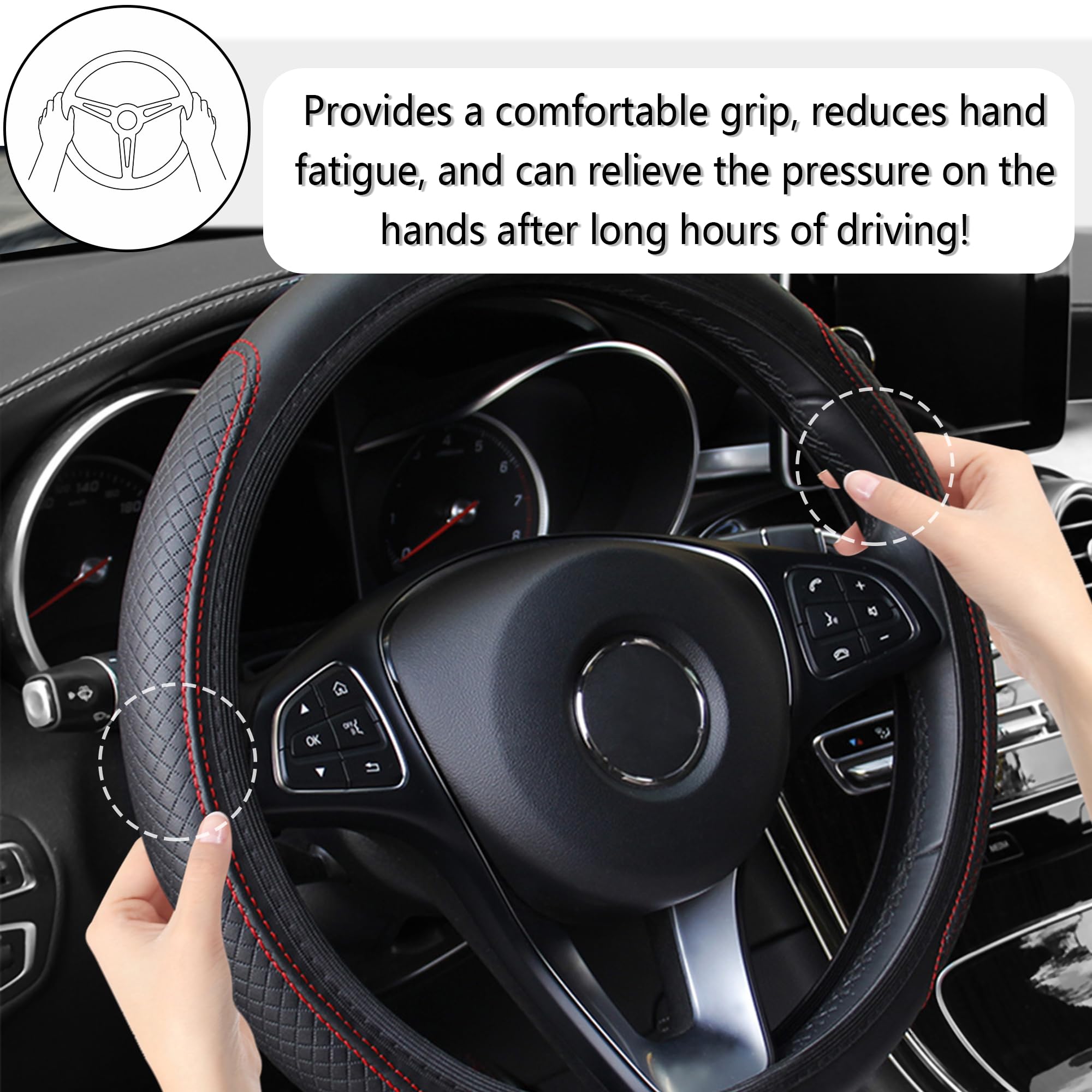 Leather Steering Wheel Cover,Anti Slip Car Steering Wheel Cover For Car Decorations & Steering Wheel Protections,Universal 15Inch Wheel Cover Car Interior Accessories For Men & Women (Black+Red)
