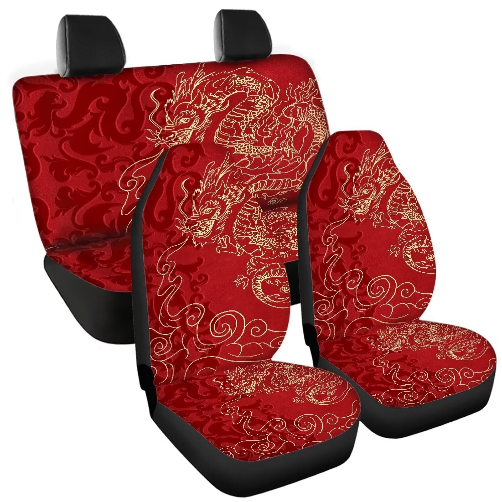 Tomeusey Car Seat Covers Full Set of 4 Pcs Red Dragon Vehicle Accessories Seats Protector Elastic Front Seat Cushion & Rear Back