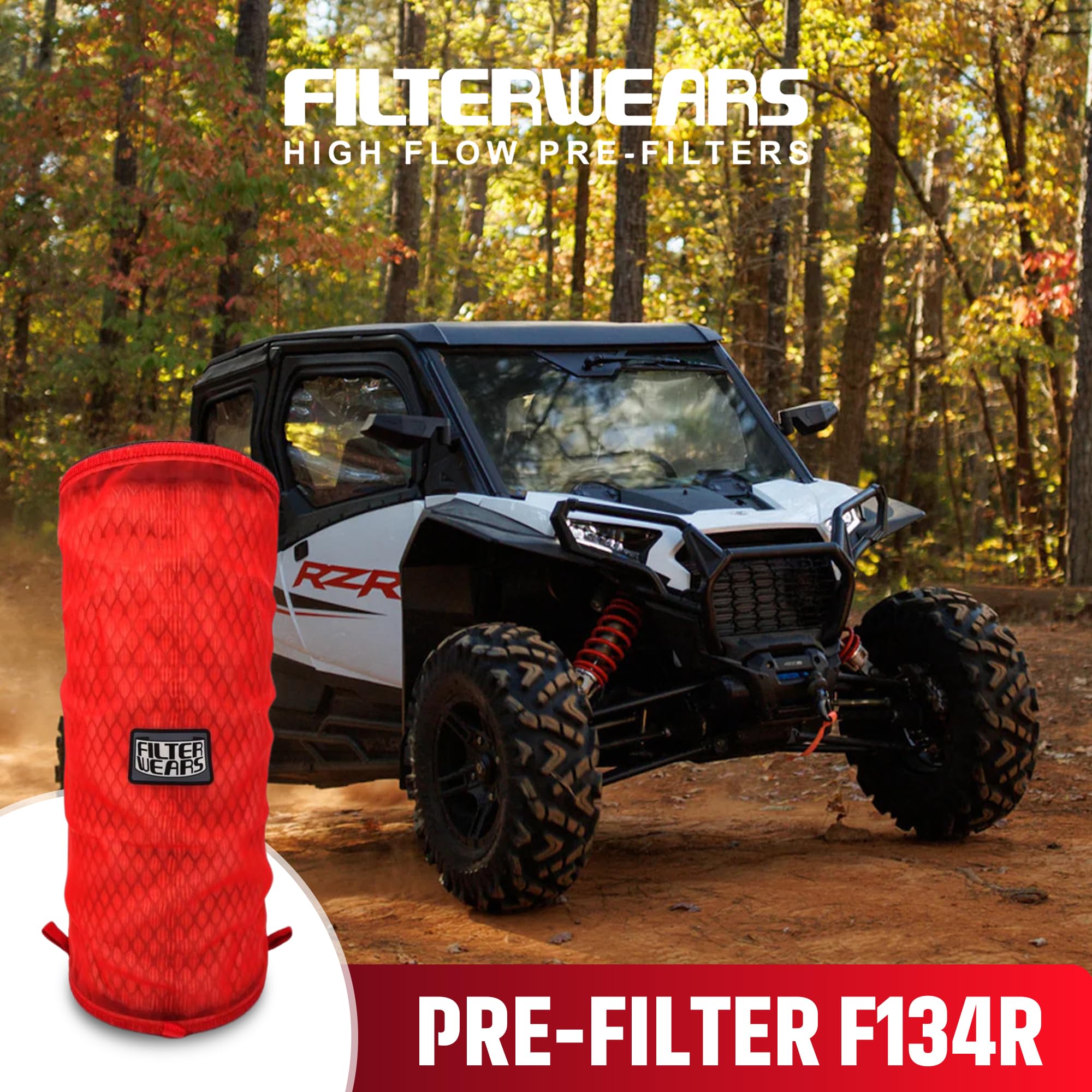 Filterwears Pre-Filter F134R For Polaris Rzr Xp 1000 Stock Air Filters 1240822 1240957 1241084 7082097, K&N Pl-1014; Red