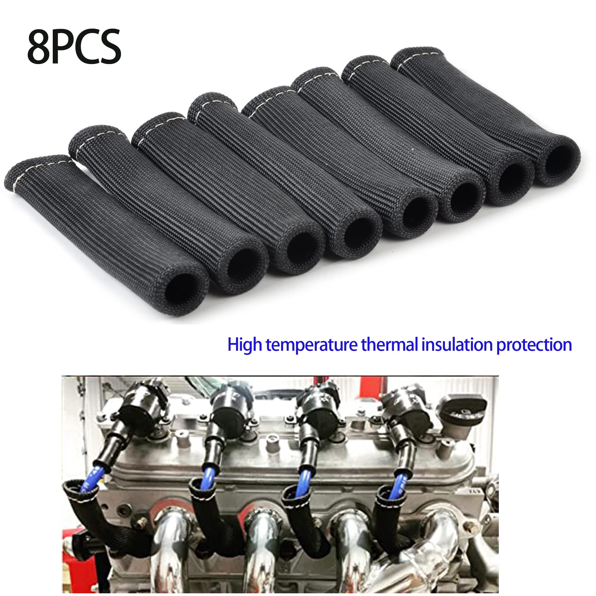 Spark Plug Wire Boots Thermal Protection Insulator Sleeve, 1200 Degree Heat Shield Cover Wrap 6 Inch For Car Truck 8Pcs(Black)