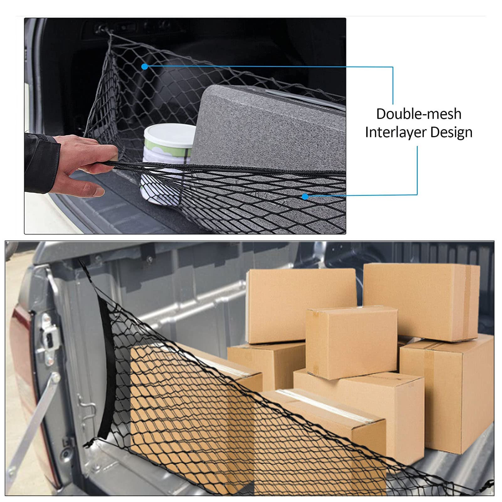 2Pcs Truck Bed Cargo Net For Pickup, 52''- 66'' Heavy Duty Envelope Truck Trunk Cargo Storage Organizer Mesh Net Truck Bed Accessories For Ford F150 Chevy Silverado Wt Ls Ltz Gmc Sierra (4.3Ft-5.5Ft)