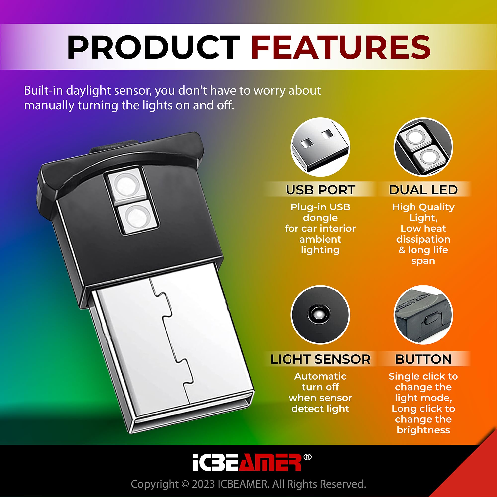 Icbeamer 2 Pcs Mini Smart Usb Type-A | Color: White | Led Night Light For Car Interior, Trunk, Center Console. Easy Plug-In, Per