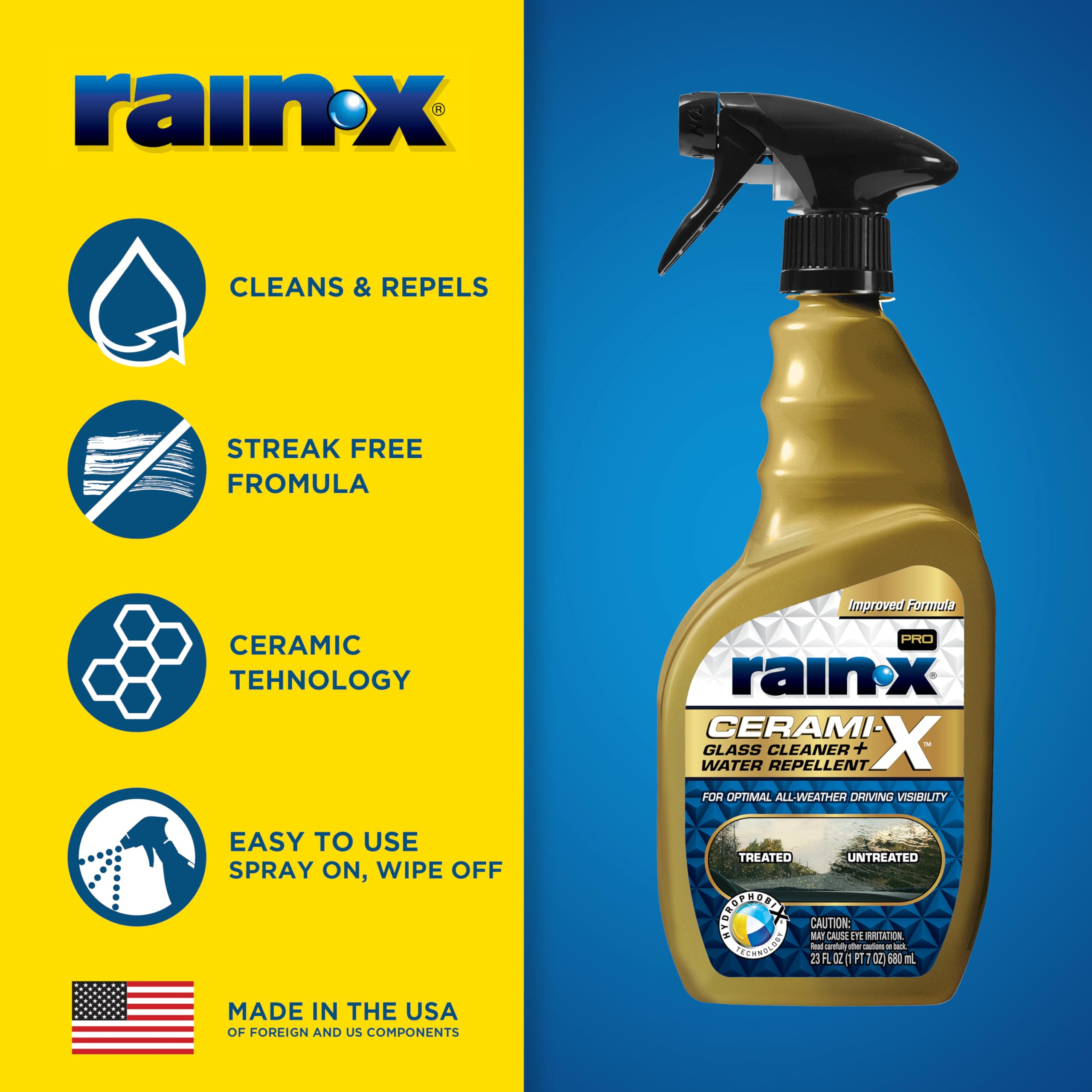 Rain-X 630177Srp Cerami-X Glass Cleaner + Water Repellent, 23Oz - Improved Haze-Free Formula For Enhanced Streak Free Clarity, D