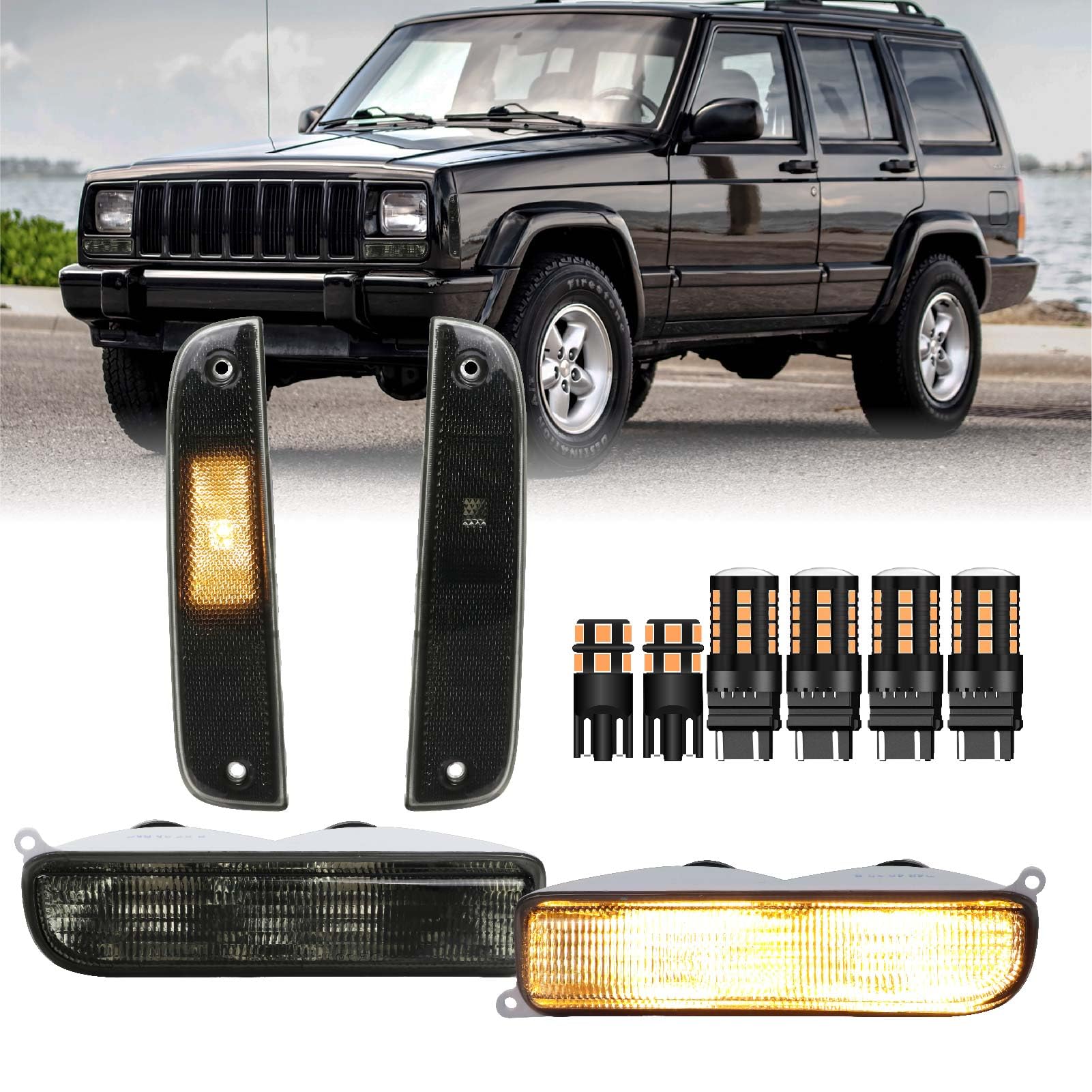 Usr 97-01 Xj Cherokee Smoke Lens Corner Side Marker Light & Front Bumper Turn Signal Light - With X6 Led Amber Bulbs Upgrade - 4