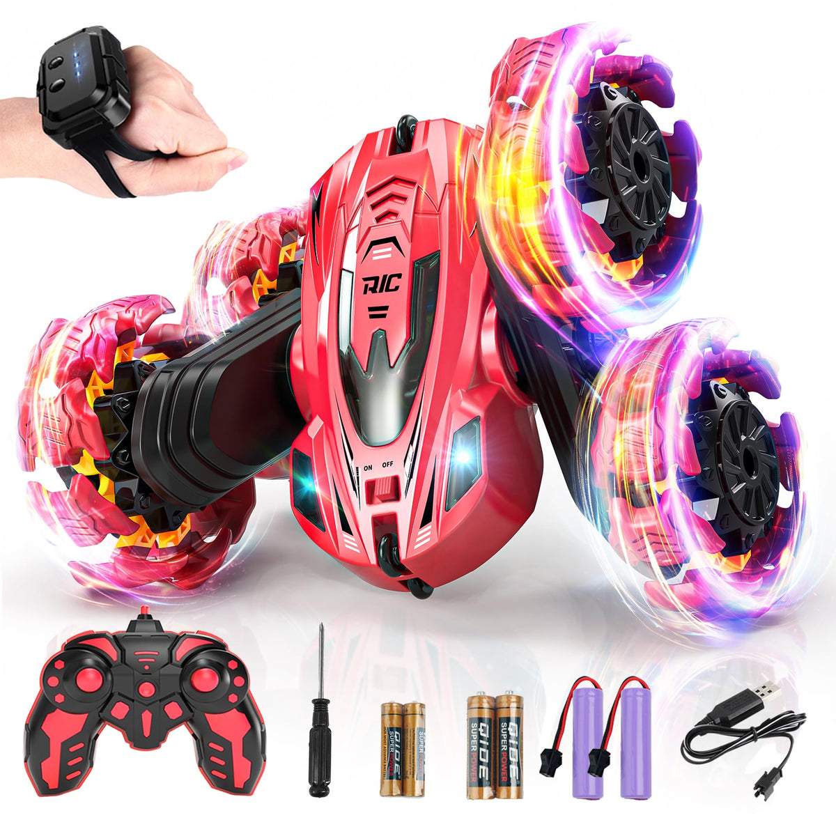 Bezgar Remote Control Car - 2.4Ghz Gesture Sensing Rc Stunt Car With Double Sided 360 Rotate, 4Wd Rc Car With Headlights, Rechar