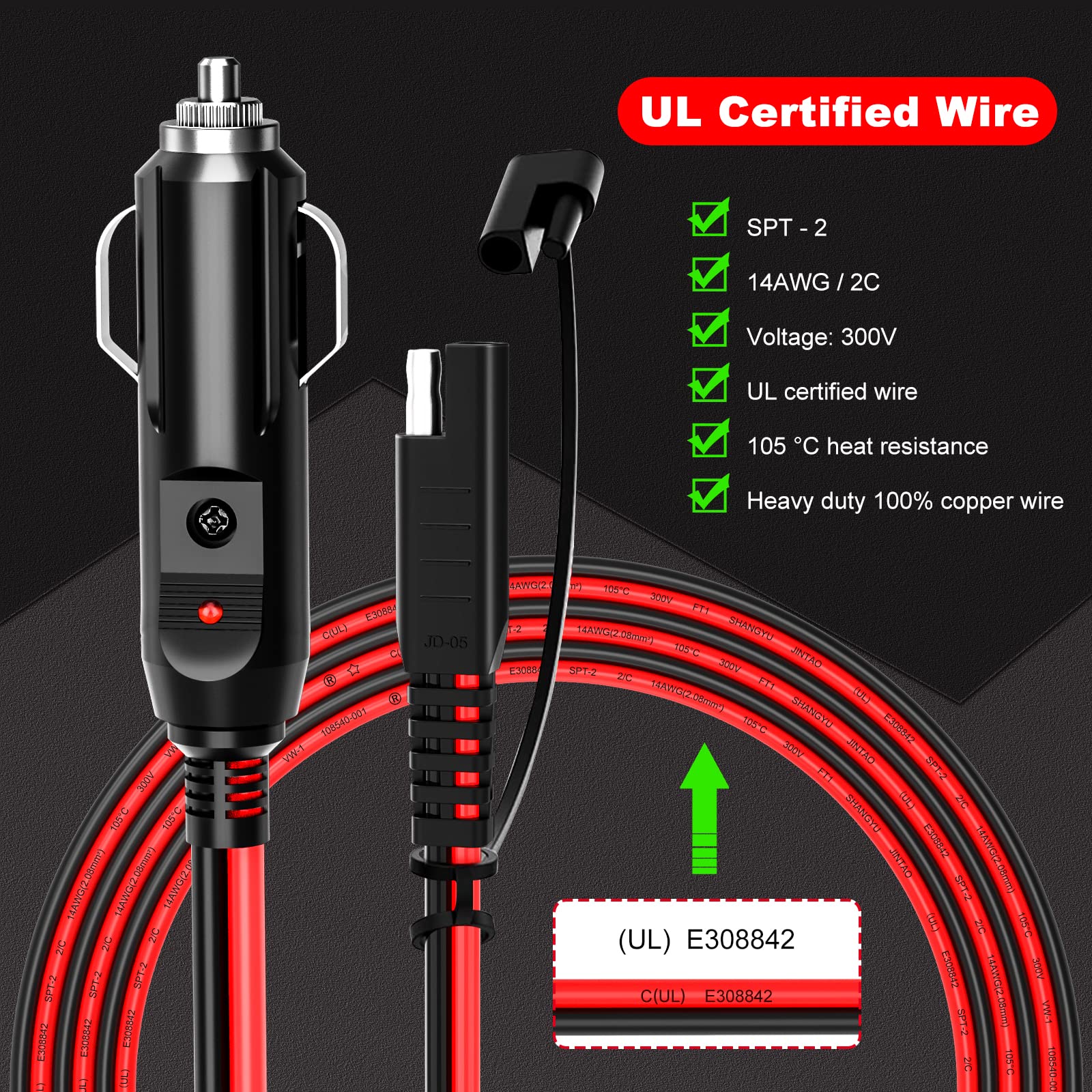 EXTRACTME 10FT Cigarette Lighter SAE Battery Charger Cable, 14AWG 12V Cigarette Lighter Plug to SAE Quick Release Adapter Extens