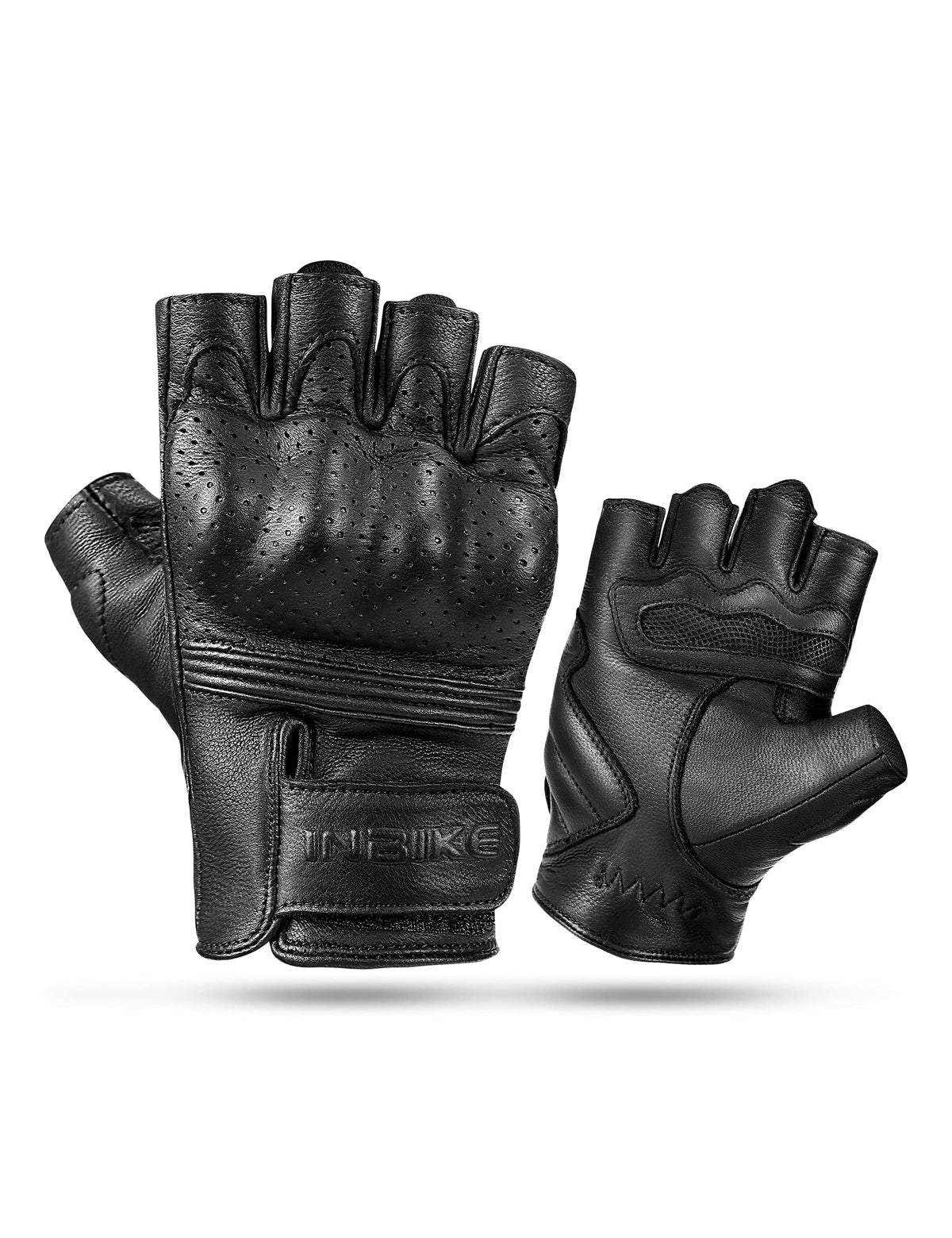 Inbike Fingerless Motorcycle Gloves Summer Breathable Goatskin Leather Wear Resistant Hard Knuckle Black Small