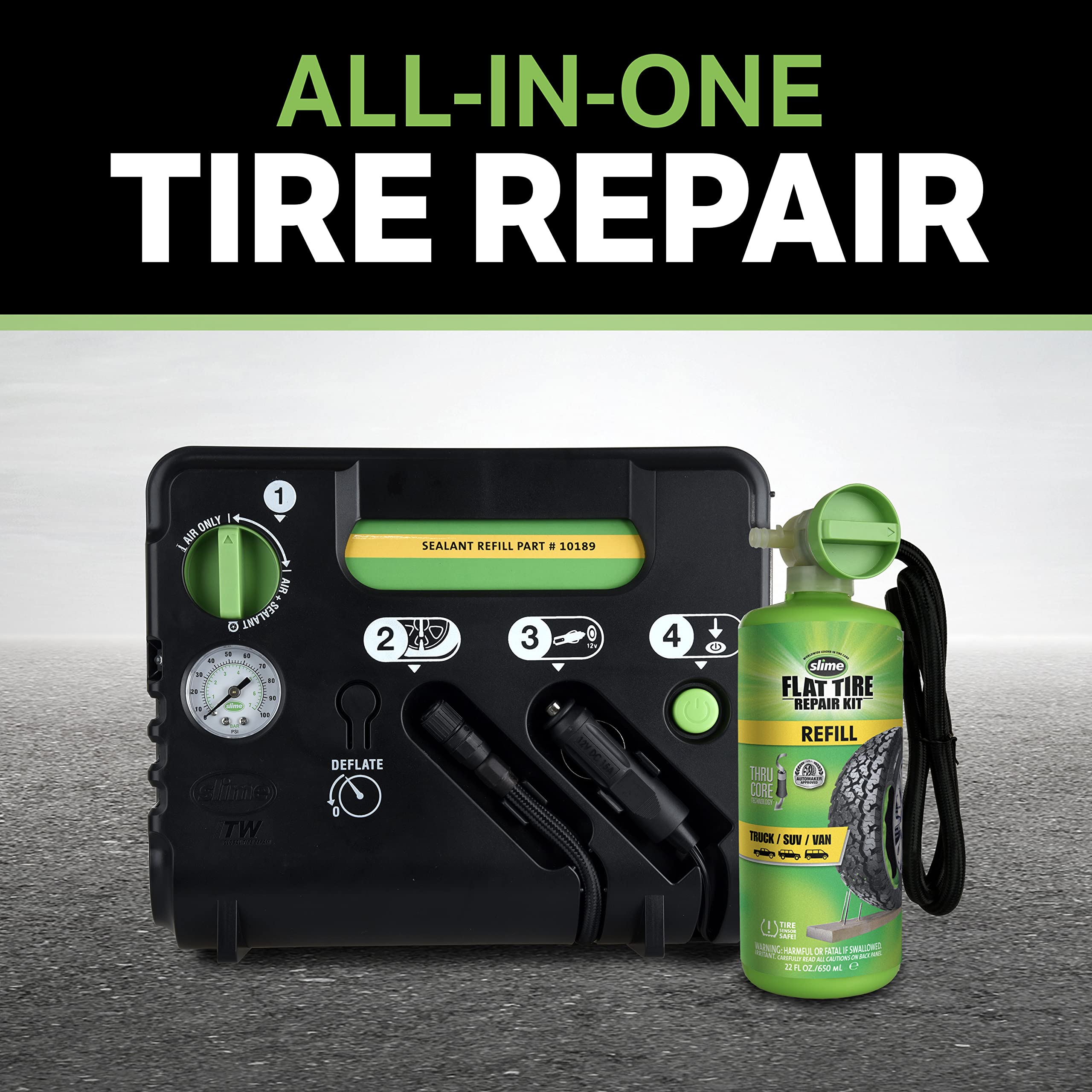 Slime 50139 Flat Tire Puncture Emergency Kit, Includes Sealant And Tire Inflator Pump, Analog, Suitable For Cars And Other Highw