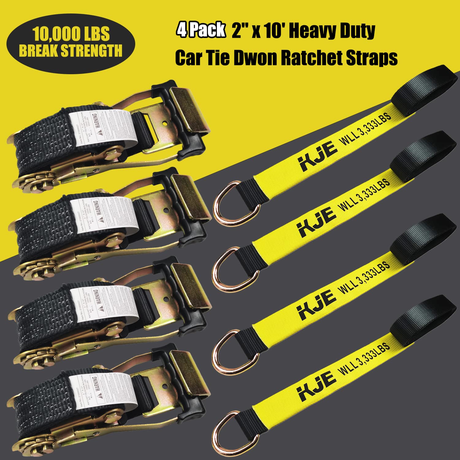 KJE 4 Pack Car Tie Down Straps - 2" x 10', 10,000LBS Break Strength, Polyester, Black, Lasso Style for UTV/SUV/Cars